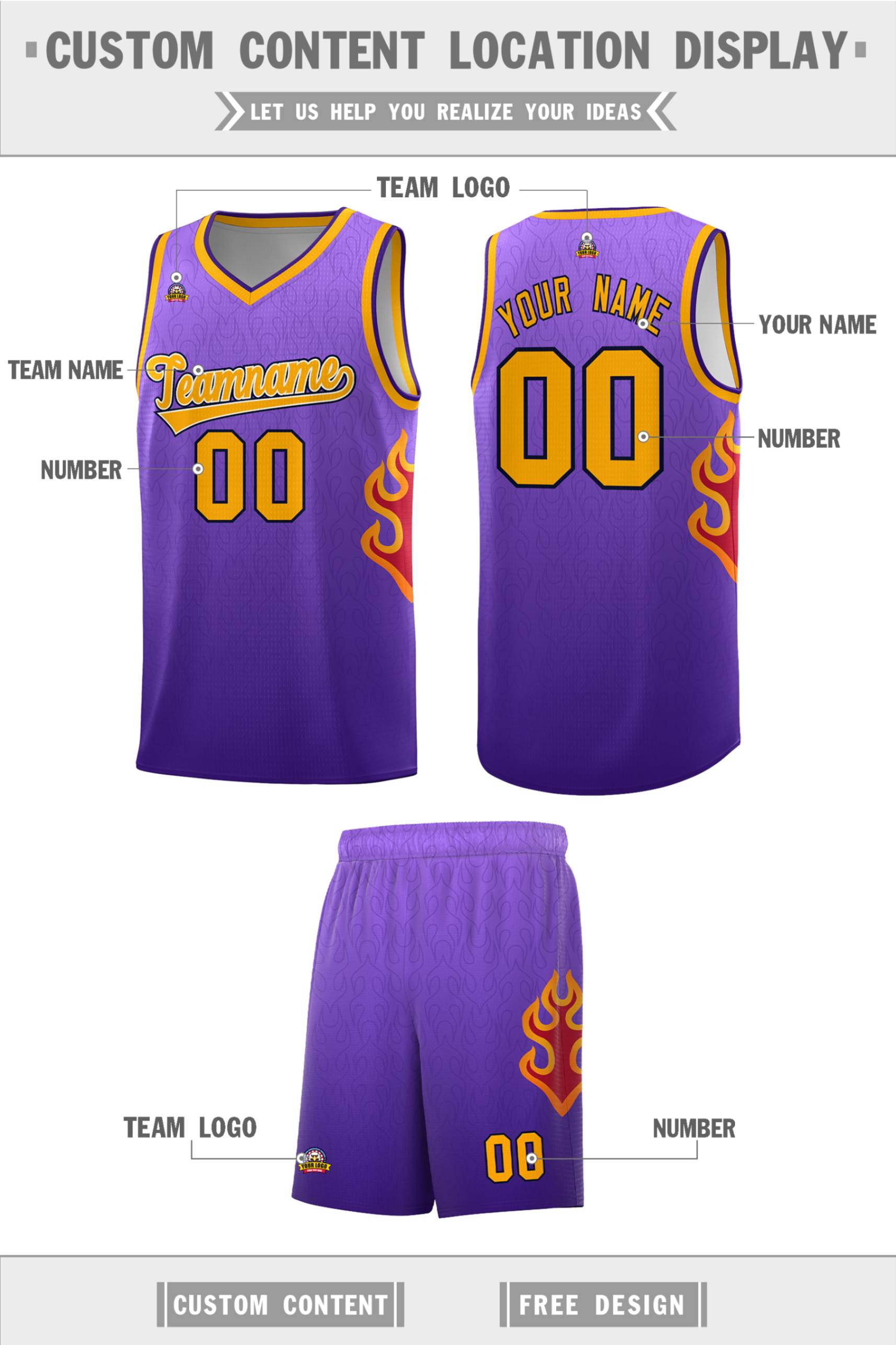 Custom Purple Yellow Flame Gradient Fashion Sports Uniform Basketball Jersey