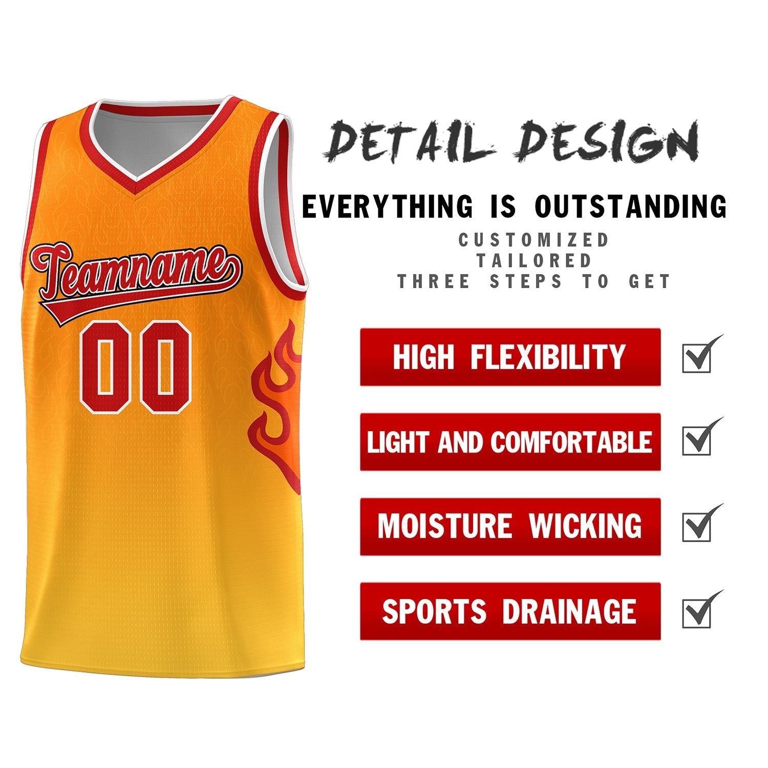 Custom Orange Gold-Red Flame Gradient Fashion Sports Uniform Basketball Jersey