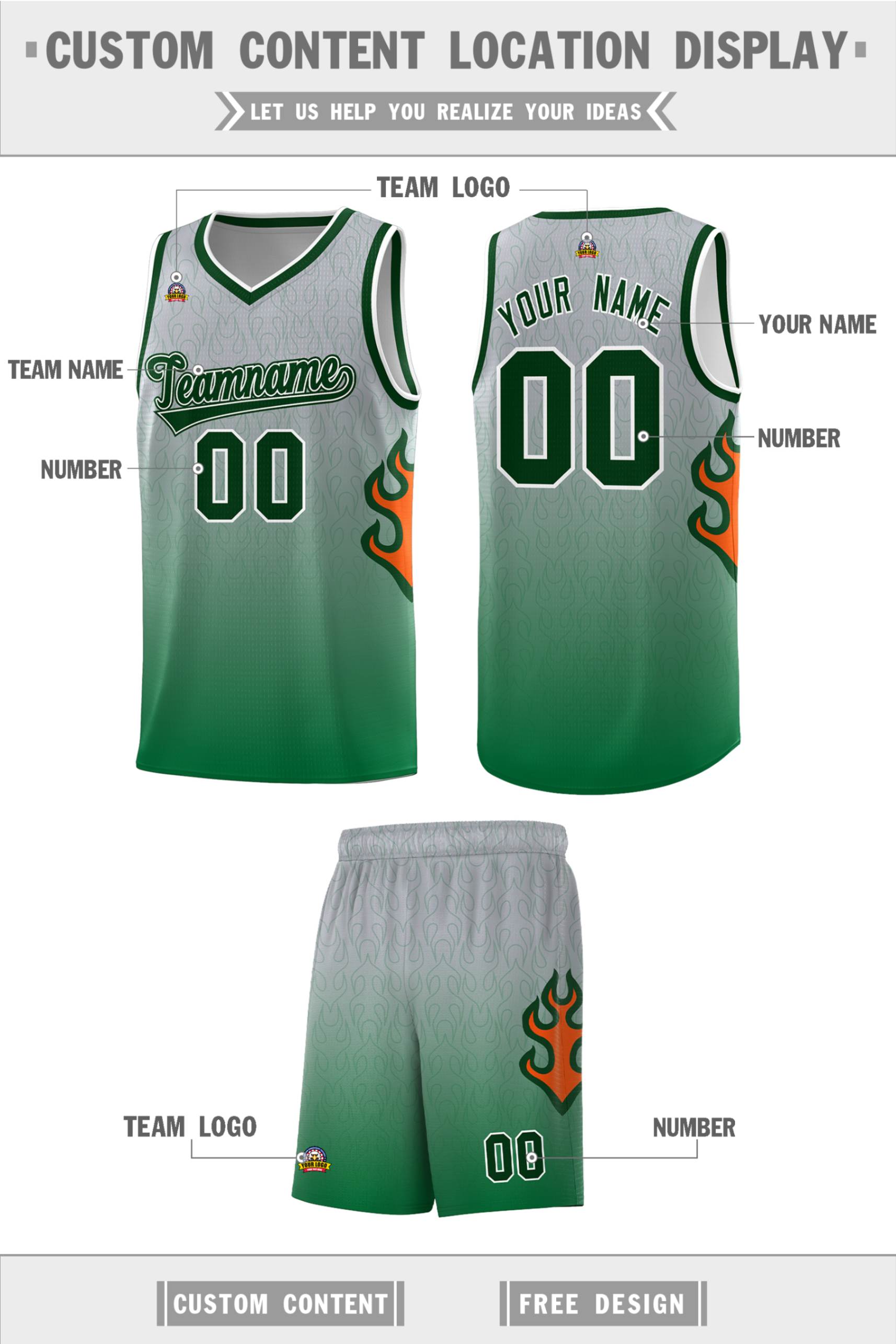 Custom Gray Kelly Green-Green Flame Gradient Fashion Sports Uniform Basketball Jersey