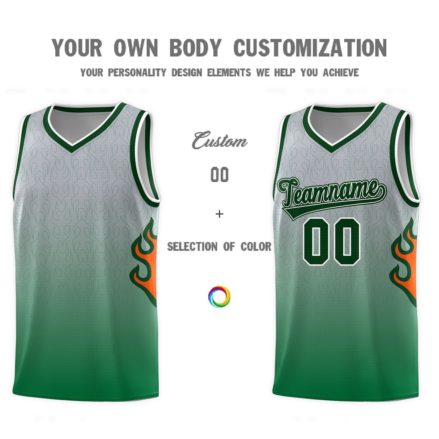 Custom Gray Kelly Green-Green Flame Gradient Fashion Sports Uniform Basketball Jersey