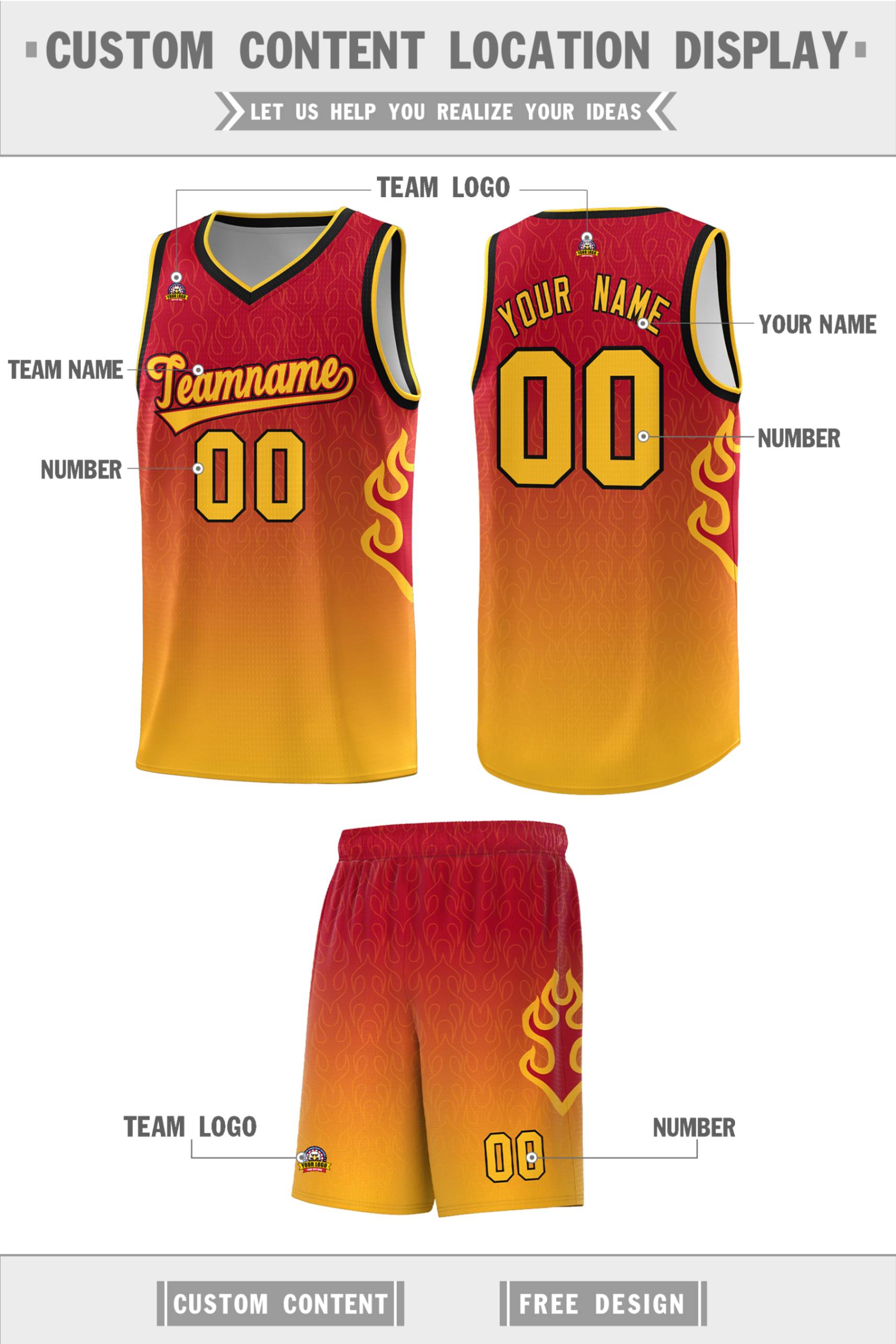 Custom Red Yellow Flame Gradient Fashion Sports Uniform Basketball Jersey