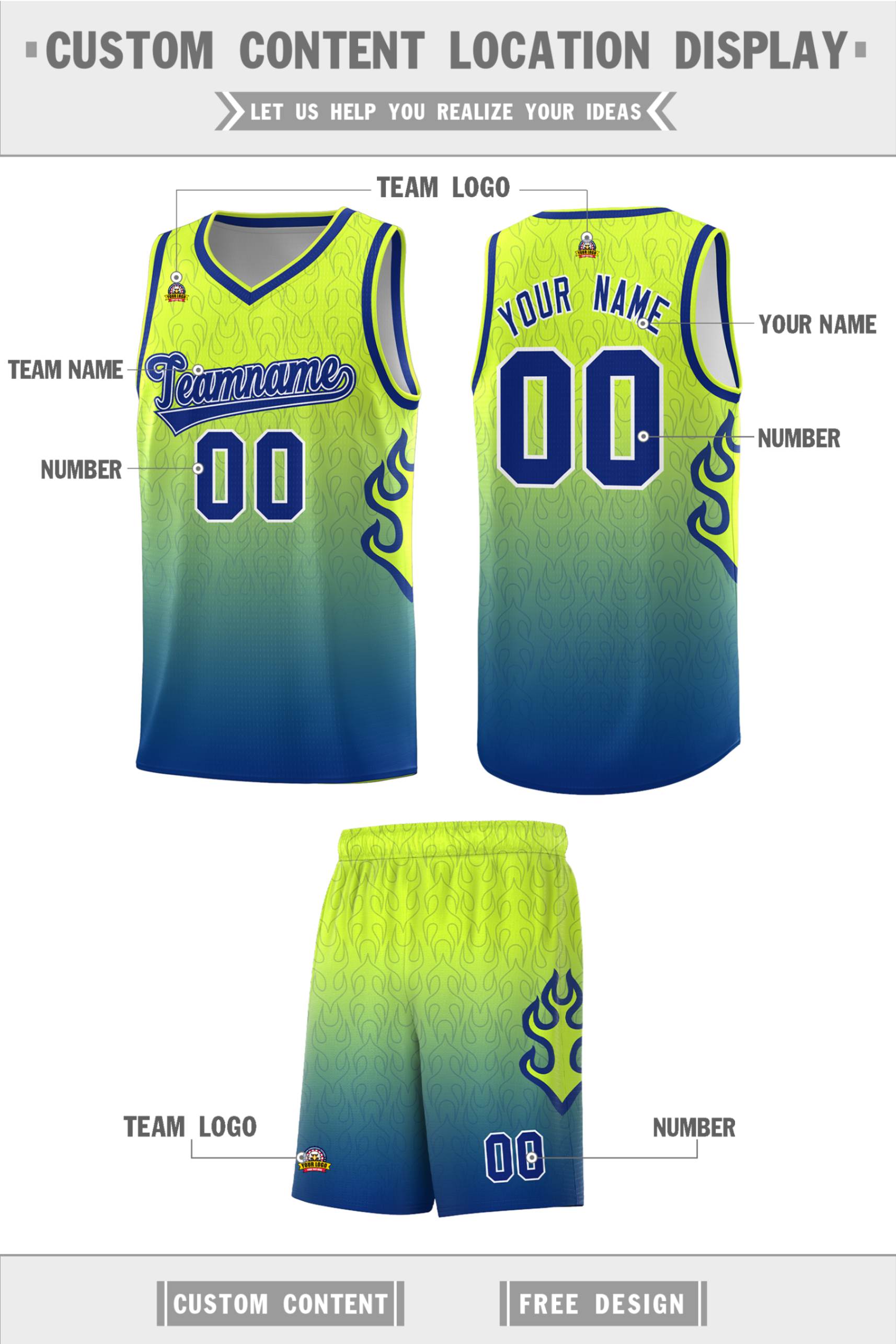 Custom Green Royal Flame Gradient Fashion Sports Uniform Basketball Jersey