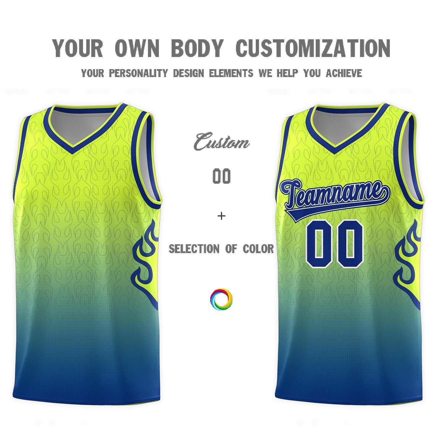 Custom Green Royal Flame Gradient Fashion Sports Uniform Basketball Jersey