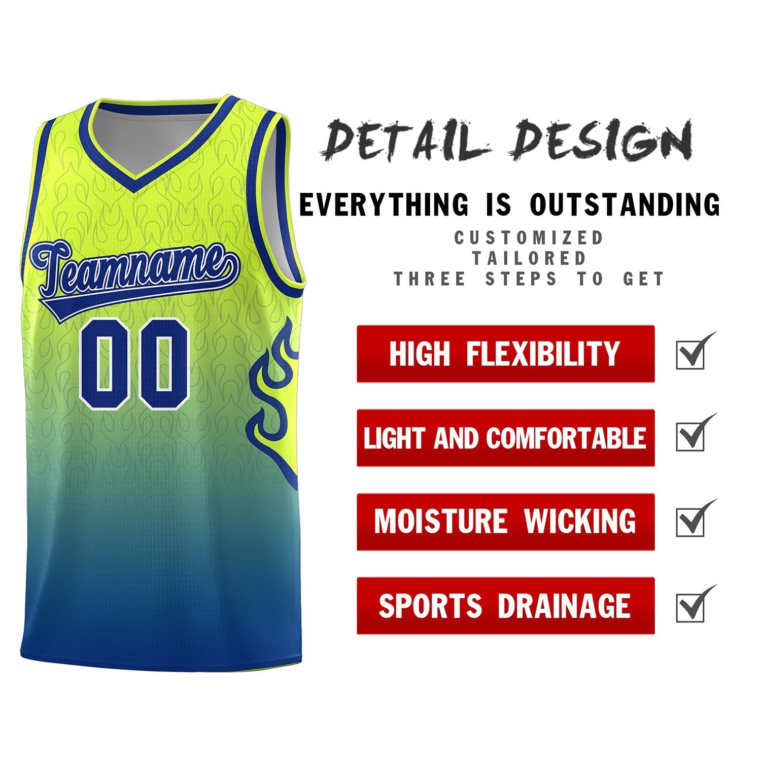 Custom Green Royal Flame Gradient Fashion Sports Uniform Basketball Jersey