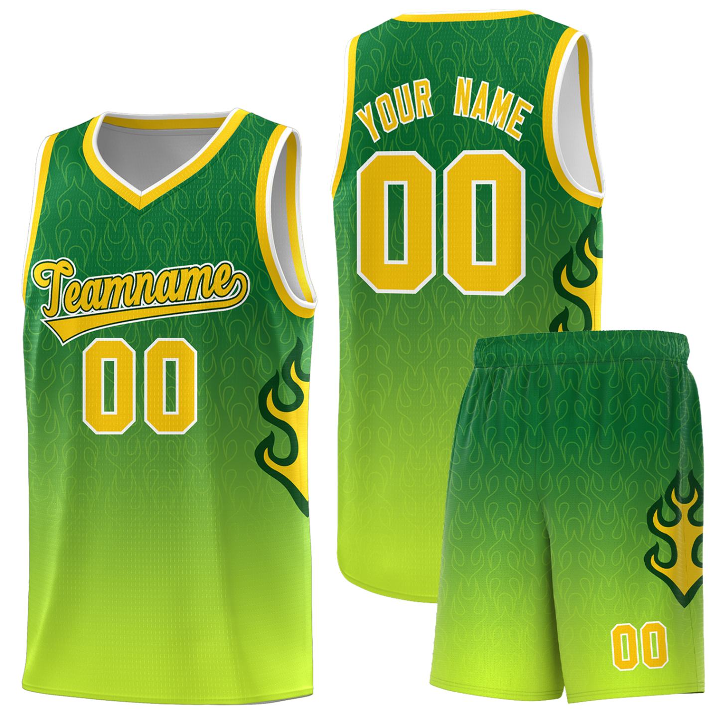 Custom Kelly Green-Neon Green-Gold Flame Gradient Fashion Sports Uniform Basketball Jersey