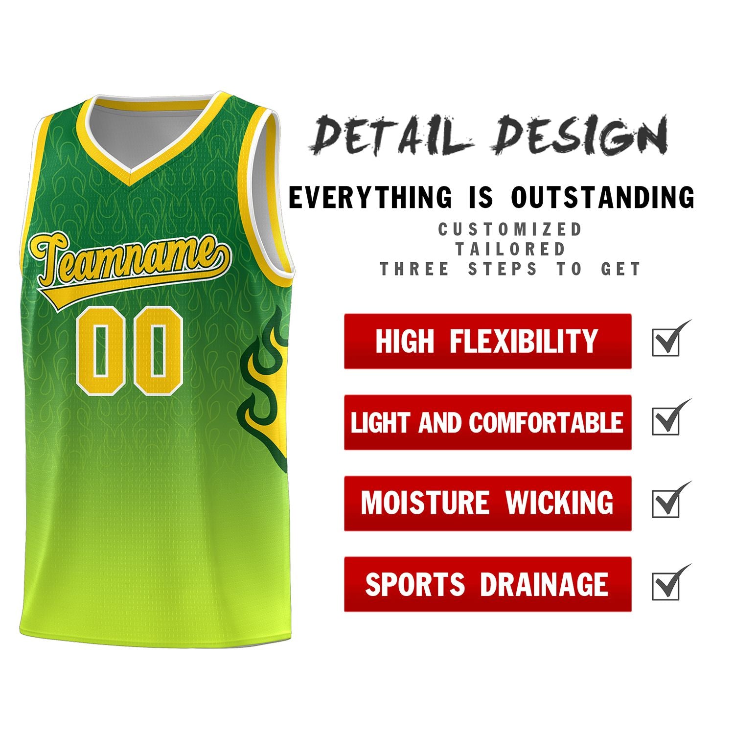 Custom Kelly Green-Neon Green-Gold Flame Gradient Fashion Sports Uniform Basketball Jersey