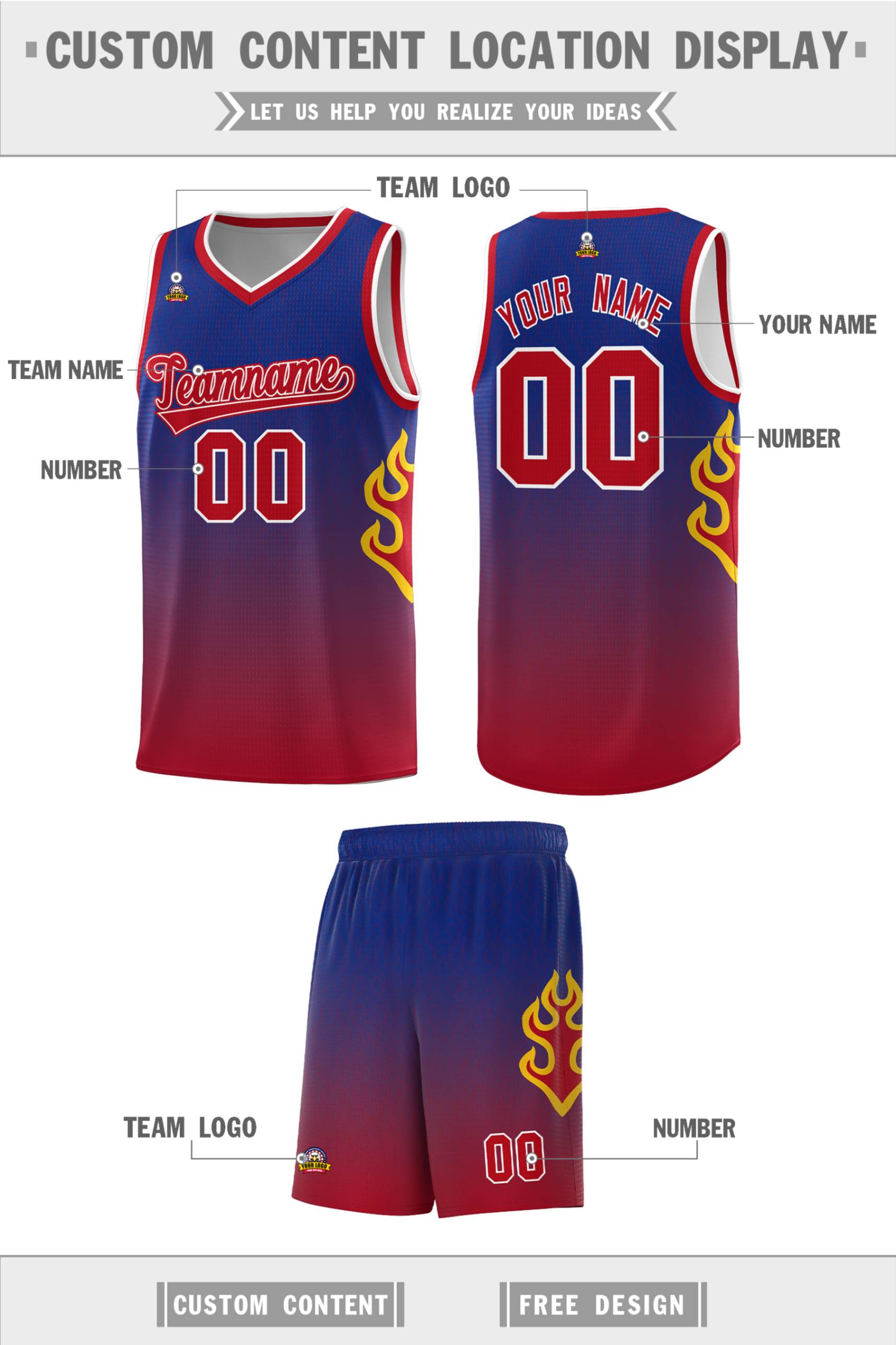 Custom Royal Red-White Flame Gradient Fashion Sports Uniform Basketball Jersey