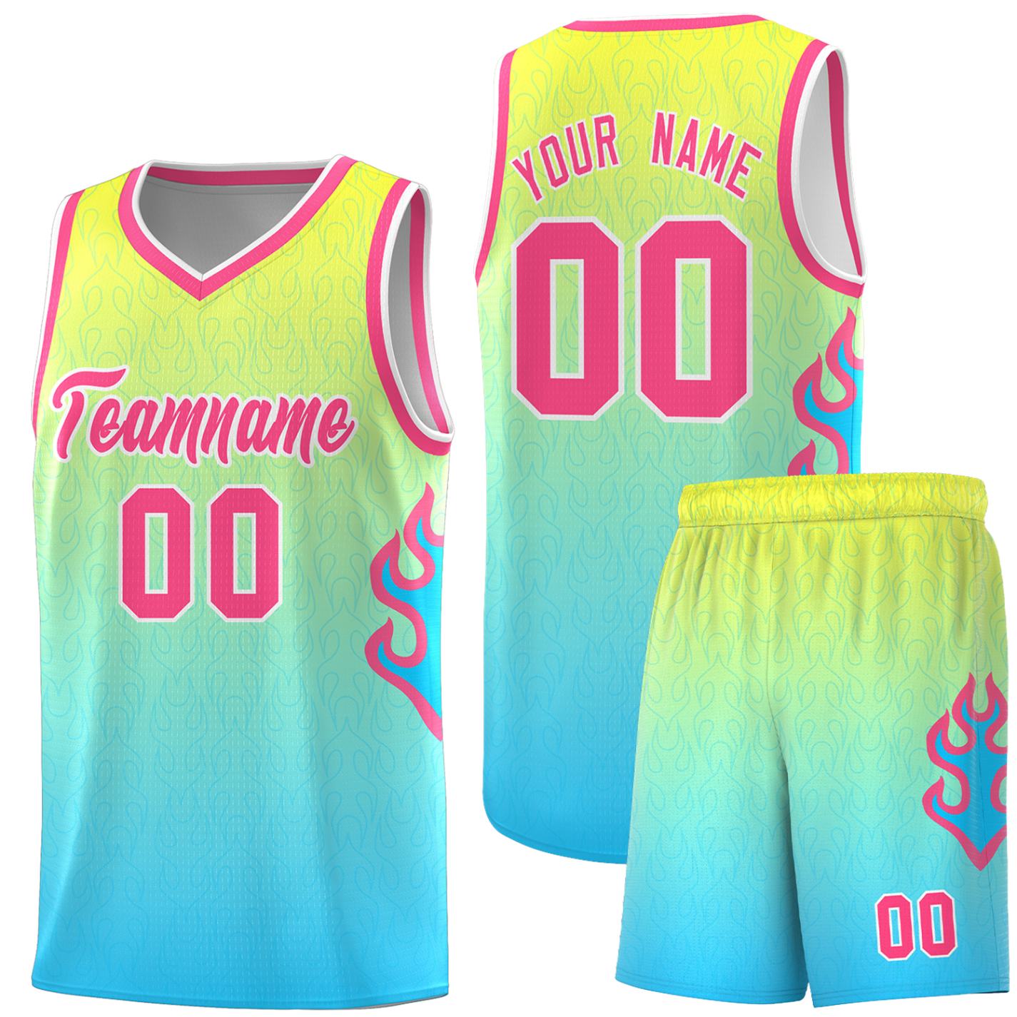 Custom Gold Light Blue-Pink Flame Gradient Fashion Sports Uniform Basketball Jersey