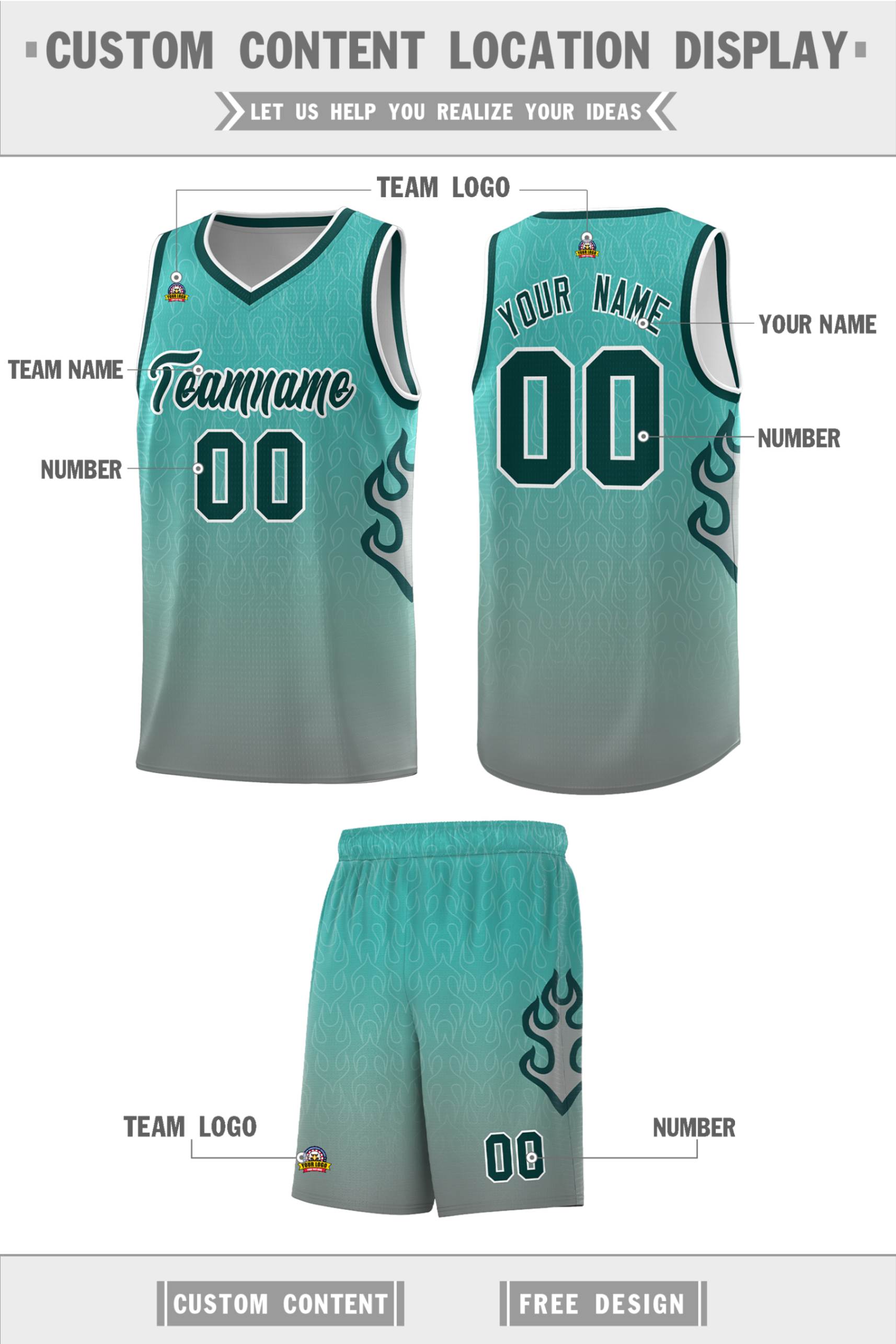 Custom Aqua Dark Gray-Midnight Green Flame Gradient Fashion Sports Uniform Basketball Jersey