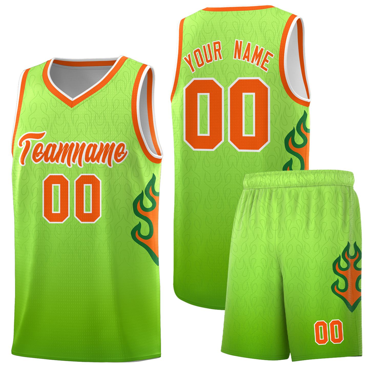 Custom Green Neon Green-Orange Flame Gradient Fashion Sports Uniform Basketball Jersey