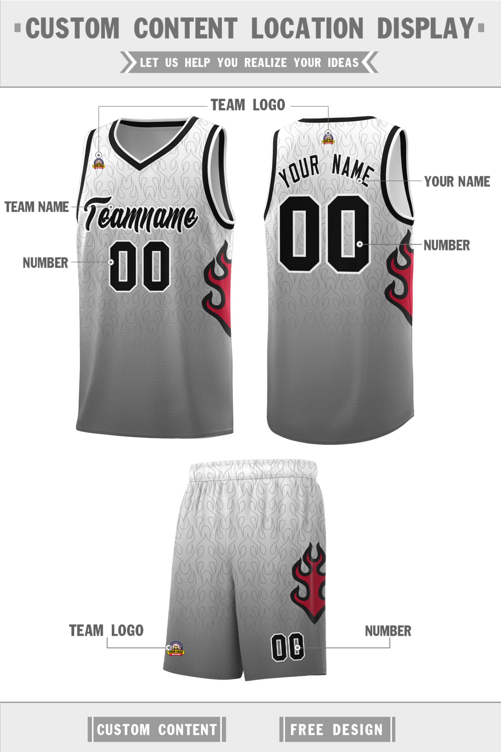 Custom White Dark Gray-Black Flame Gradient Fashion Sports Uniform Basketball Jersey