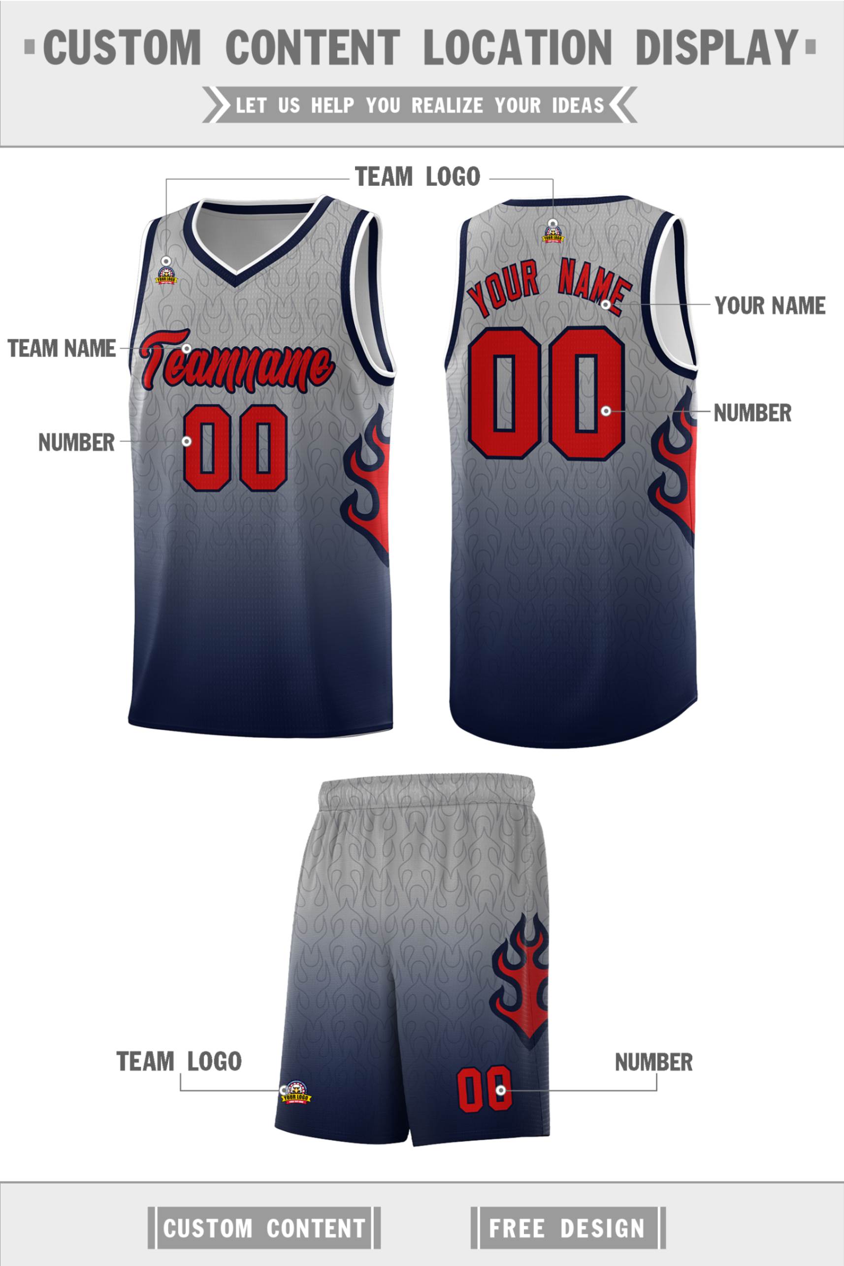 Custom Gray Navy-Red Flame Gradient Fashion Sports Uniform Basketball Jersey