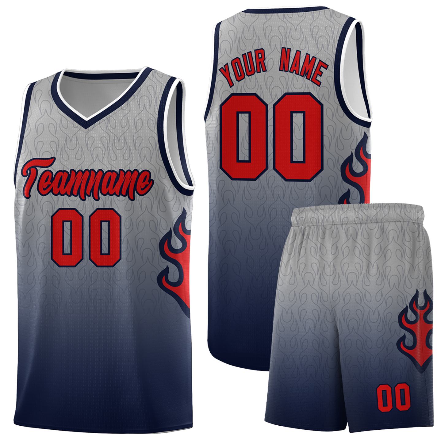 Custom Gray Navy-Red Flame Gradient Fashion Sports Uniform Basketball Jersey