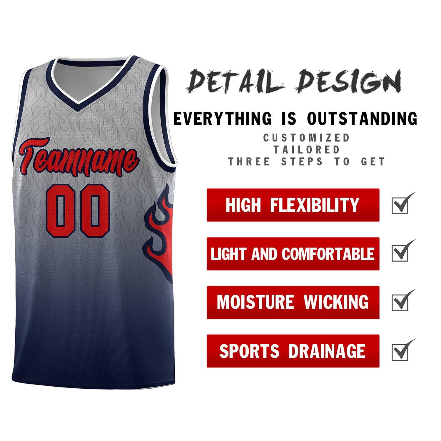 Custom Gray Navy-Red Flame Gradient Fashion Sports Uniform Basketball Jersey