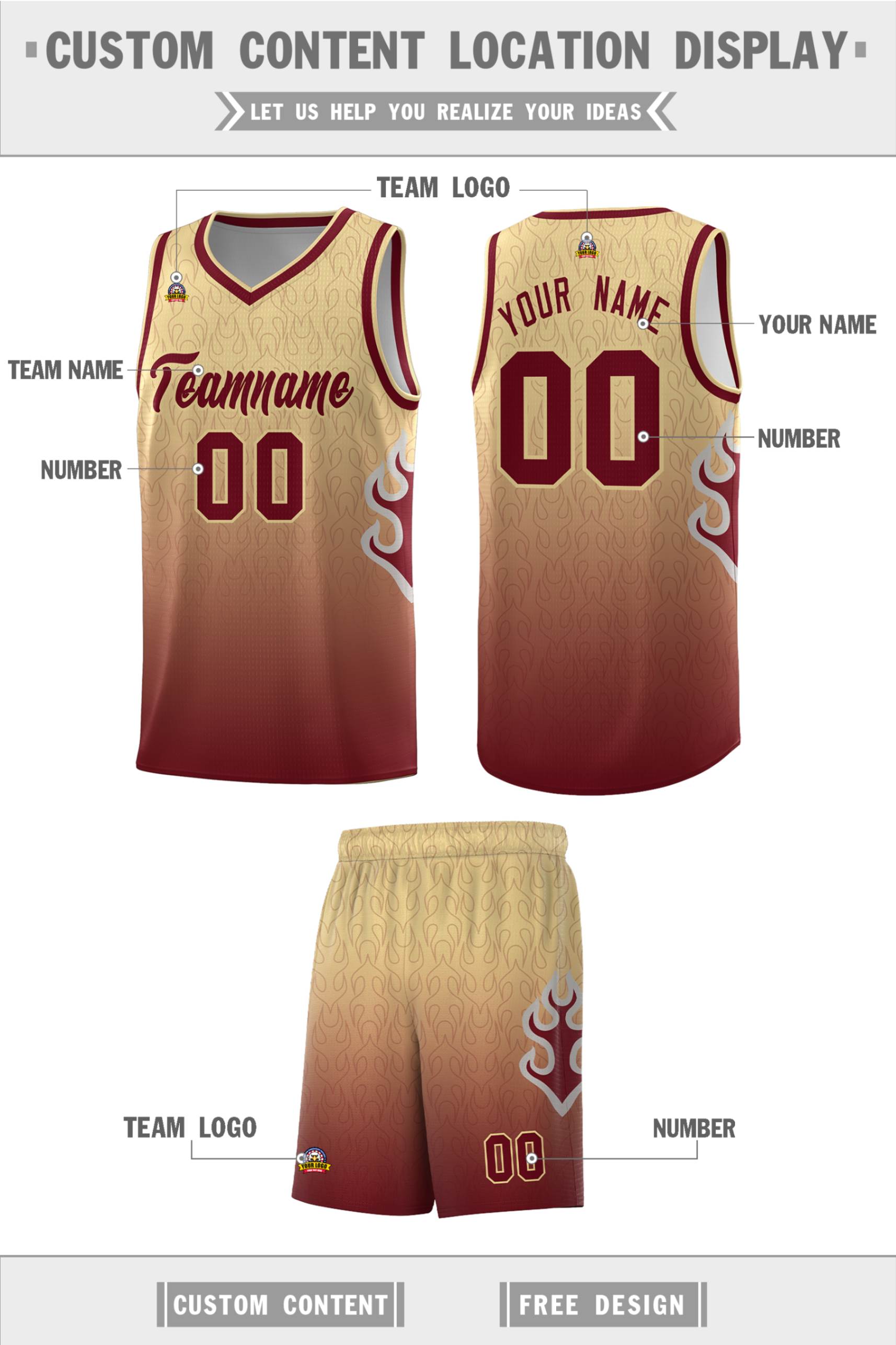 Custom Khaki Crimson-Khaki Flame Gradient Fashion Sports Uniform Basketball Jersey