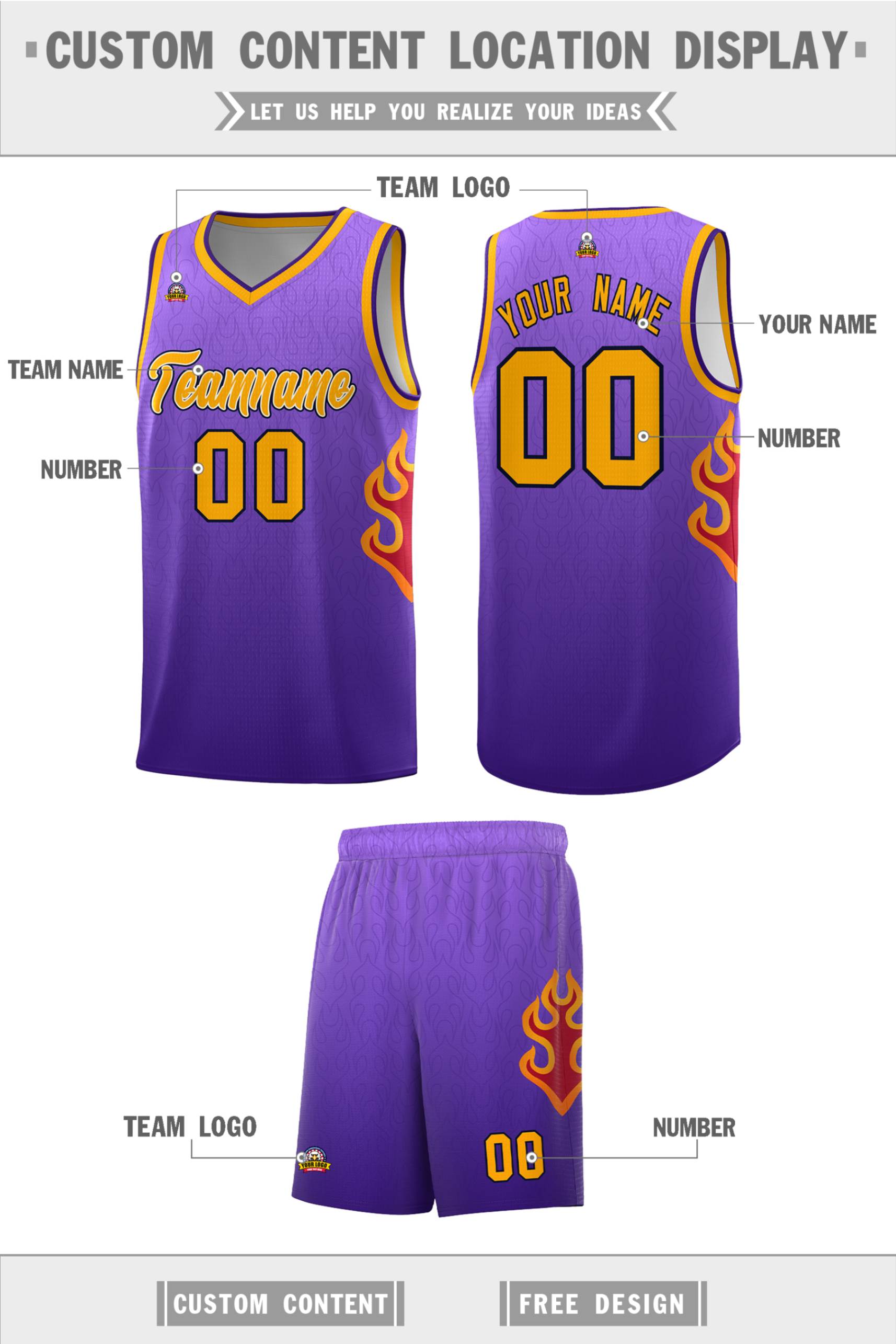 Custom Purple Yellow Flame Gradient Fashion Sports Uniform Basketball Jersey