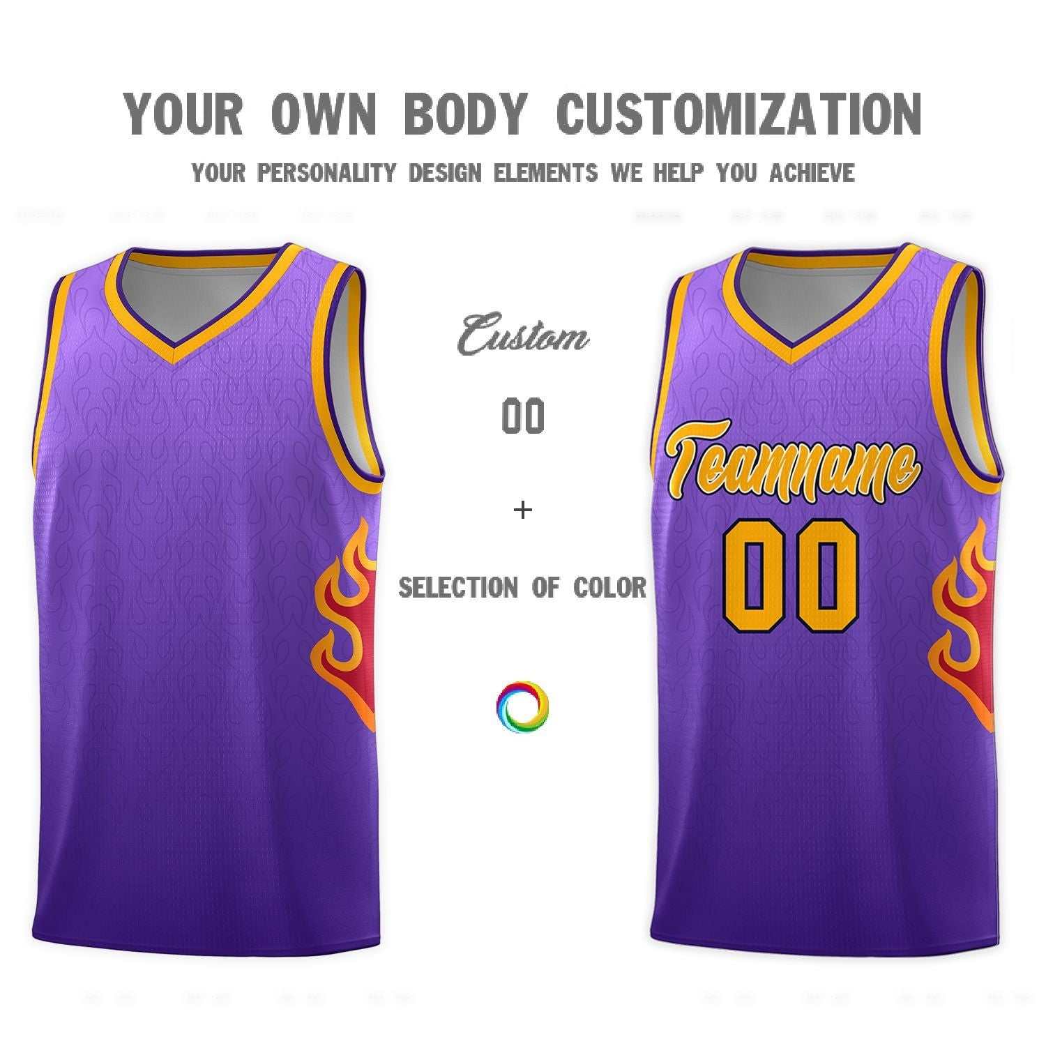 Custom Purple Yellow Flame Gradient Fashion Sports Uniform Basketball Jersey