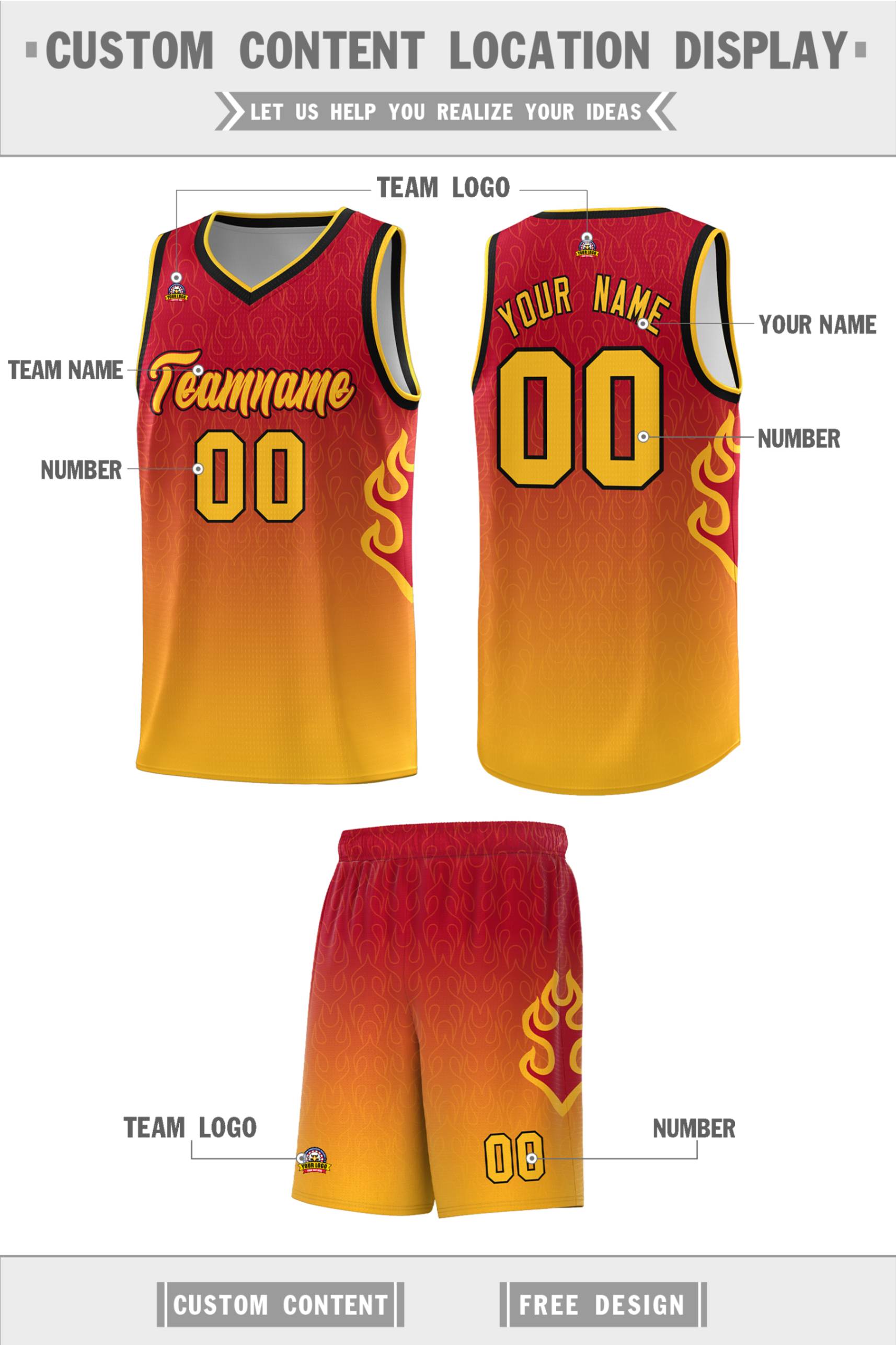 Custom Red Yellow Flame Gradient Fashion Sports Uniform Basketball Jersey