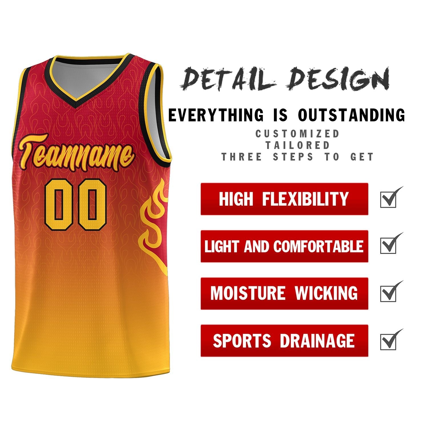 Custom Red Yellow Flame Gradient Fashion Sports Uniform Basketball Jersey