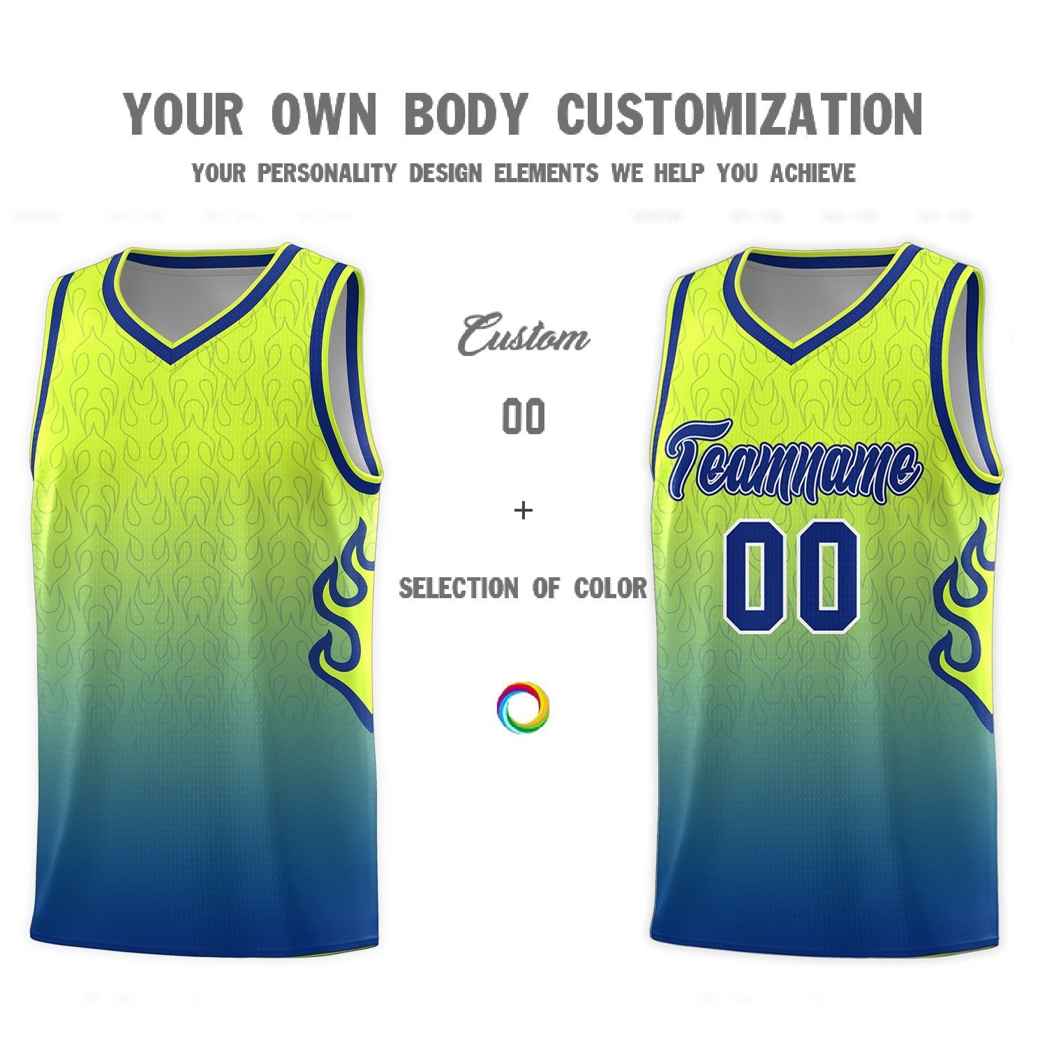 Custom Green Royal Flame Gradient Fashion Sports Uniform Basketball Jersey