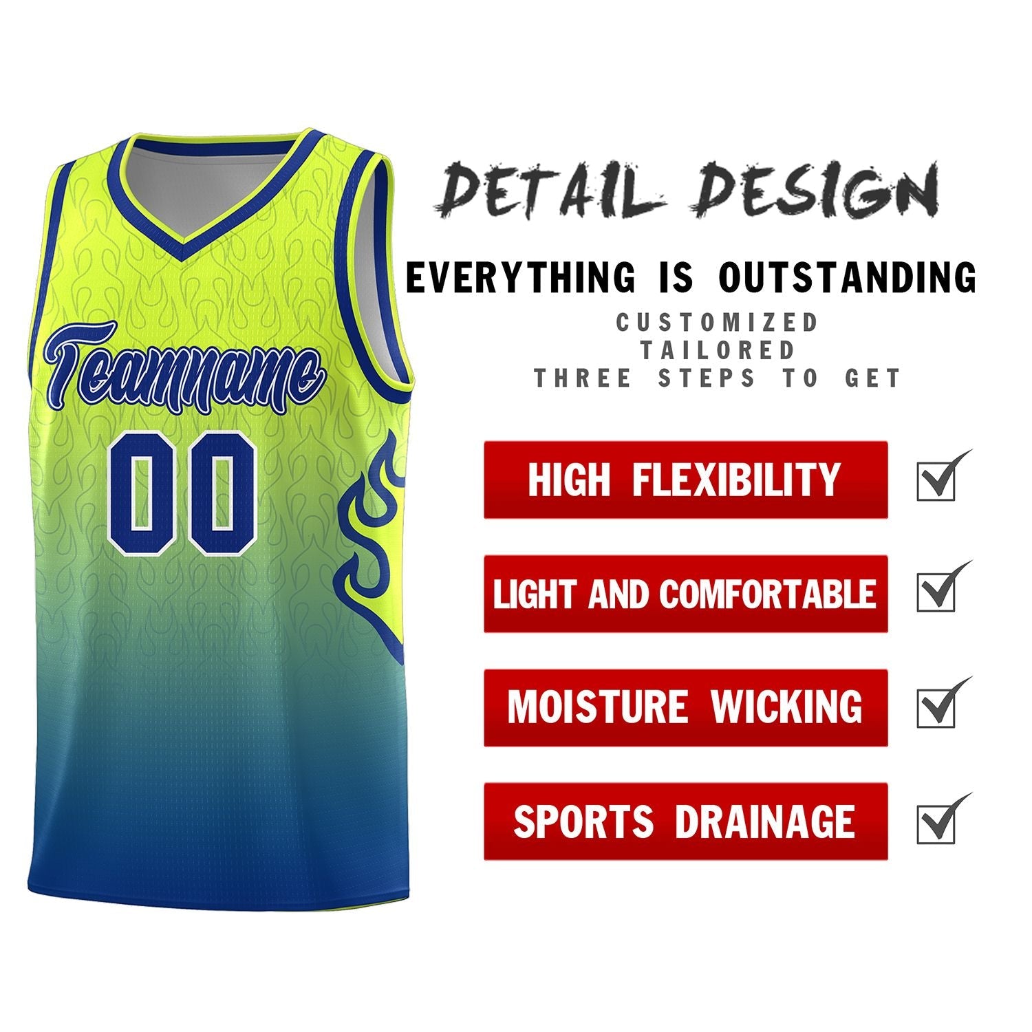 Custom Green Royal Flame Gradient Fashion Sports Uniform Basketball Jersey