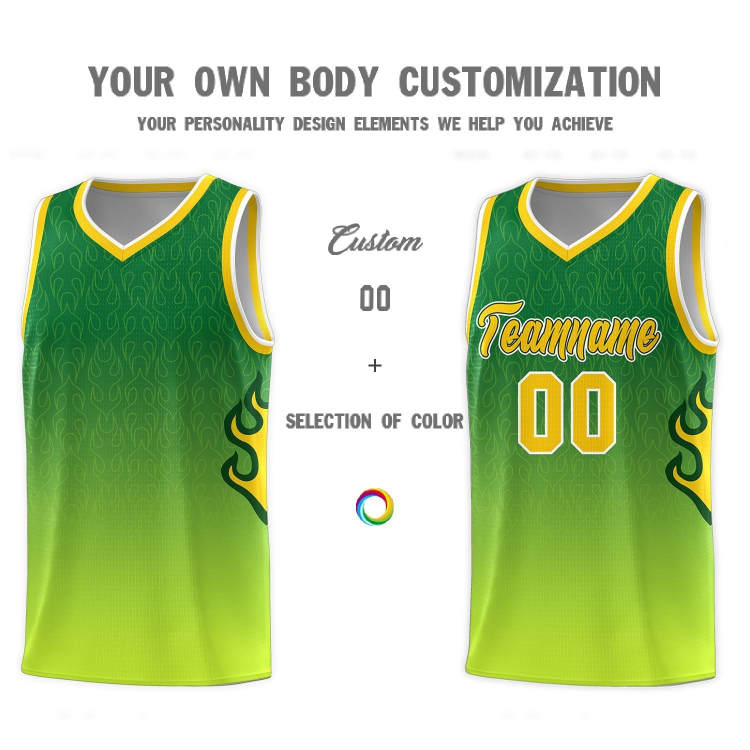 Custom Kelly Green-Neon Green-Gold Flame Gradient Fashion Sports Uniform Basketball Jersey