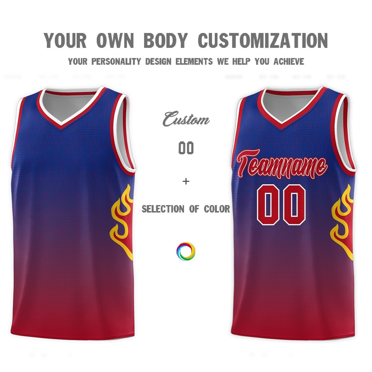 Custom Royal Red-White Flame Gradient Fashion Sports Uniform Basketball Jersey