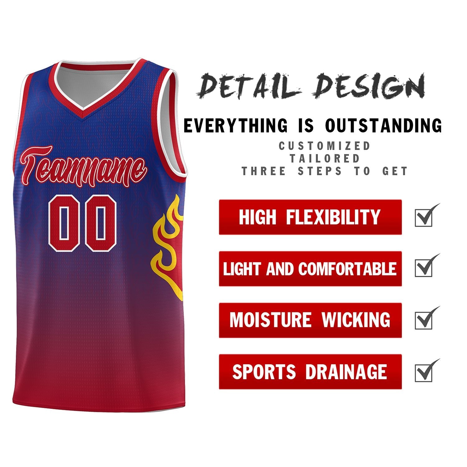 Custom Royal Red-White Flame Gradient Fashion Sports Uniform Basketball Jersey