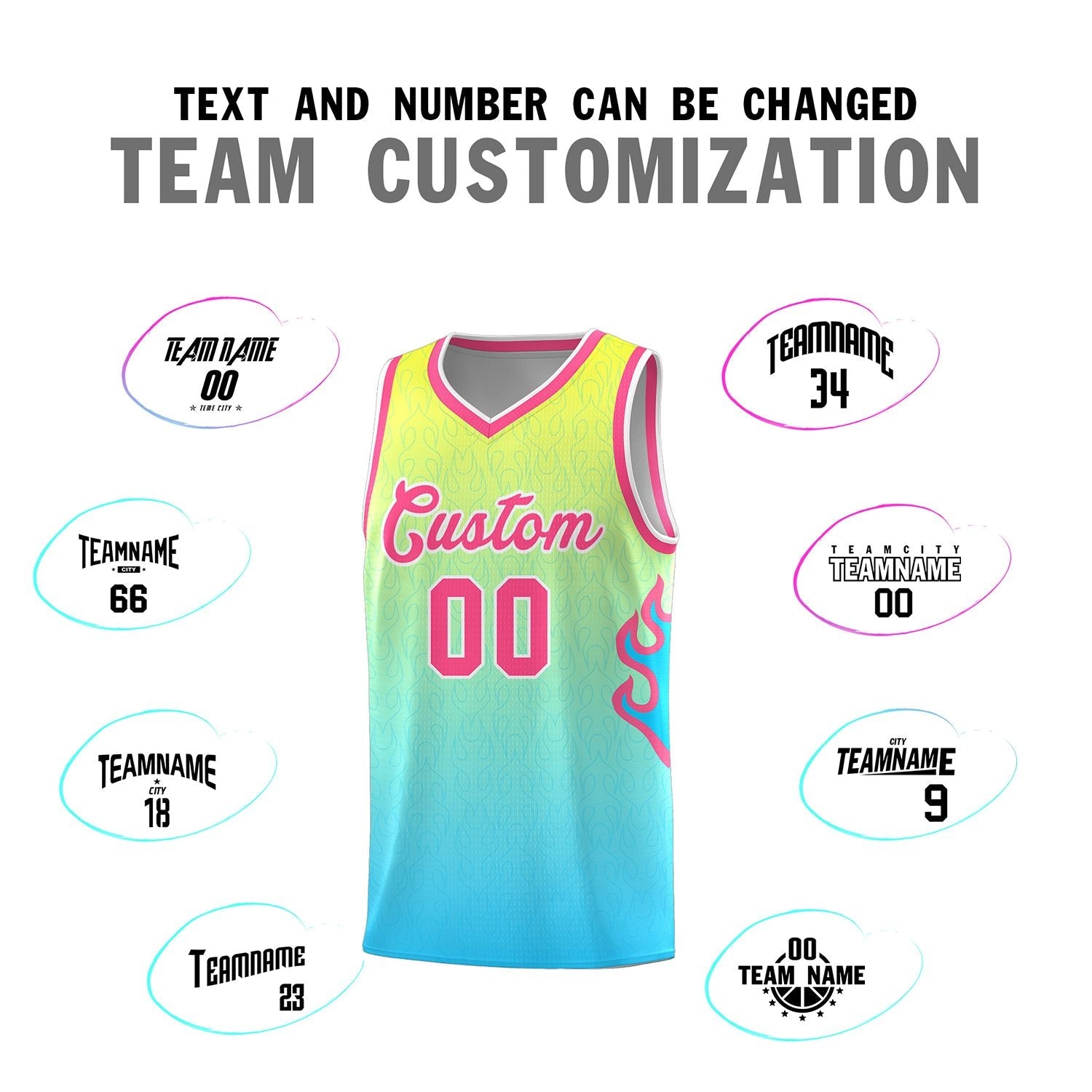 Custom Gold Light Blue-Pink Flame Gradient Fashion Sports Uniform Basketball Jersey