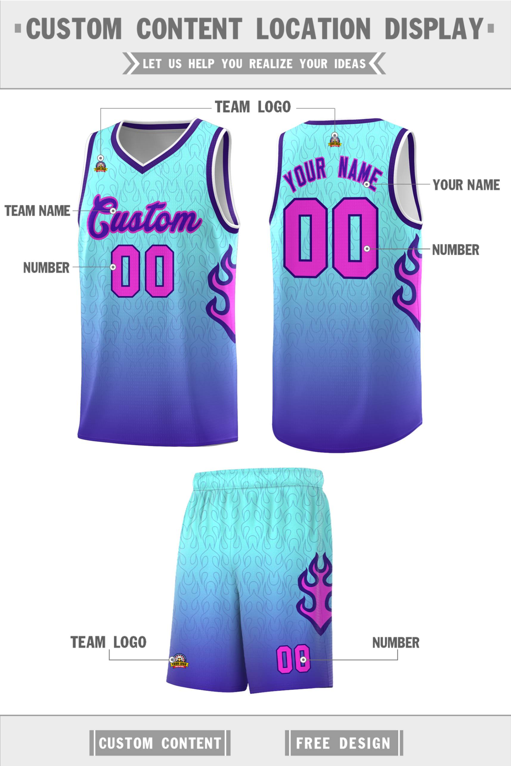 Custom Light Blue Purple-White Flame Gradient Fashion Sports Uniform Basketball Jersey