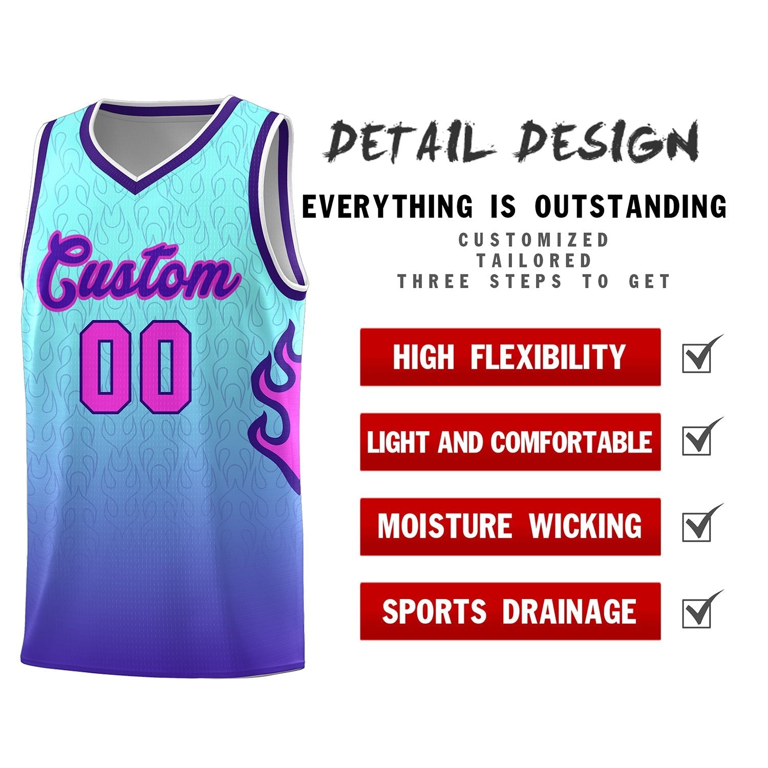 Custom Light Blue Purple-White Flame Gradient Fashion Sports Uniform Basketball Jersey