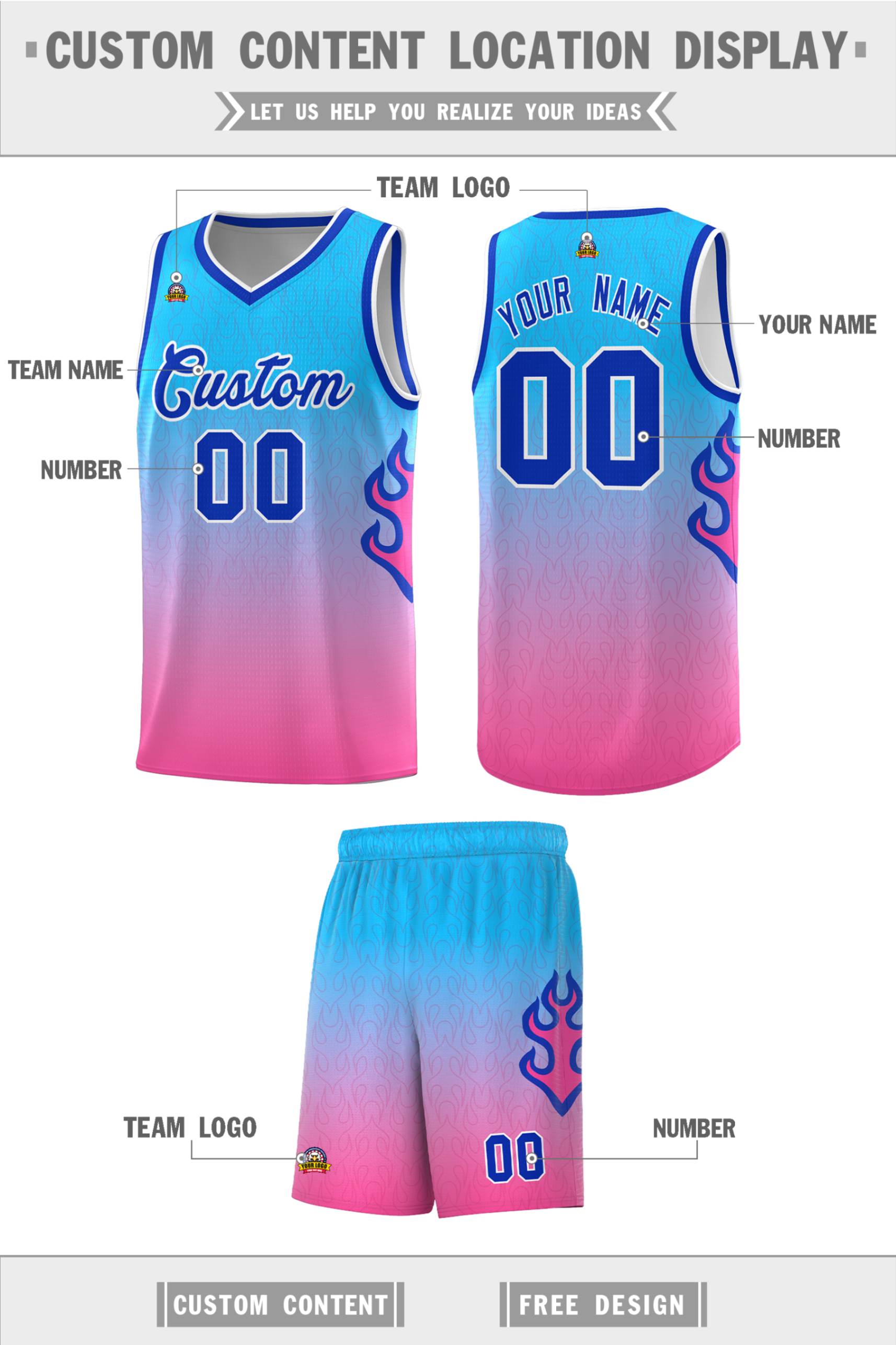 Custom Powder Blue Pink-Royal Flame Gradient Fashion Sports Uniform Basketball Jersey