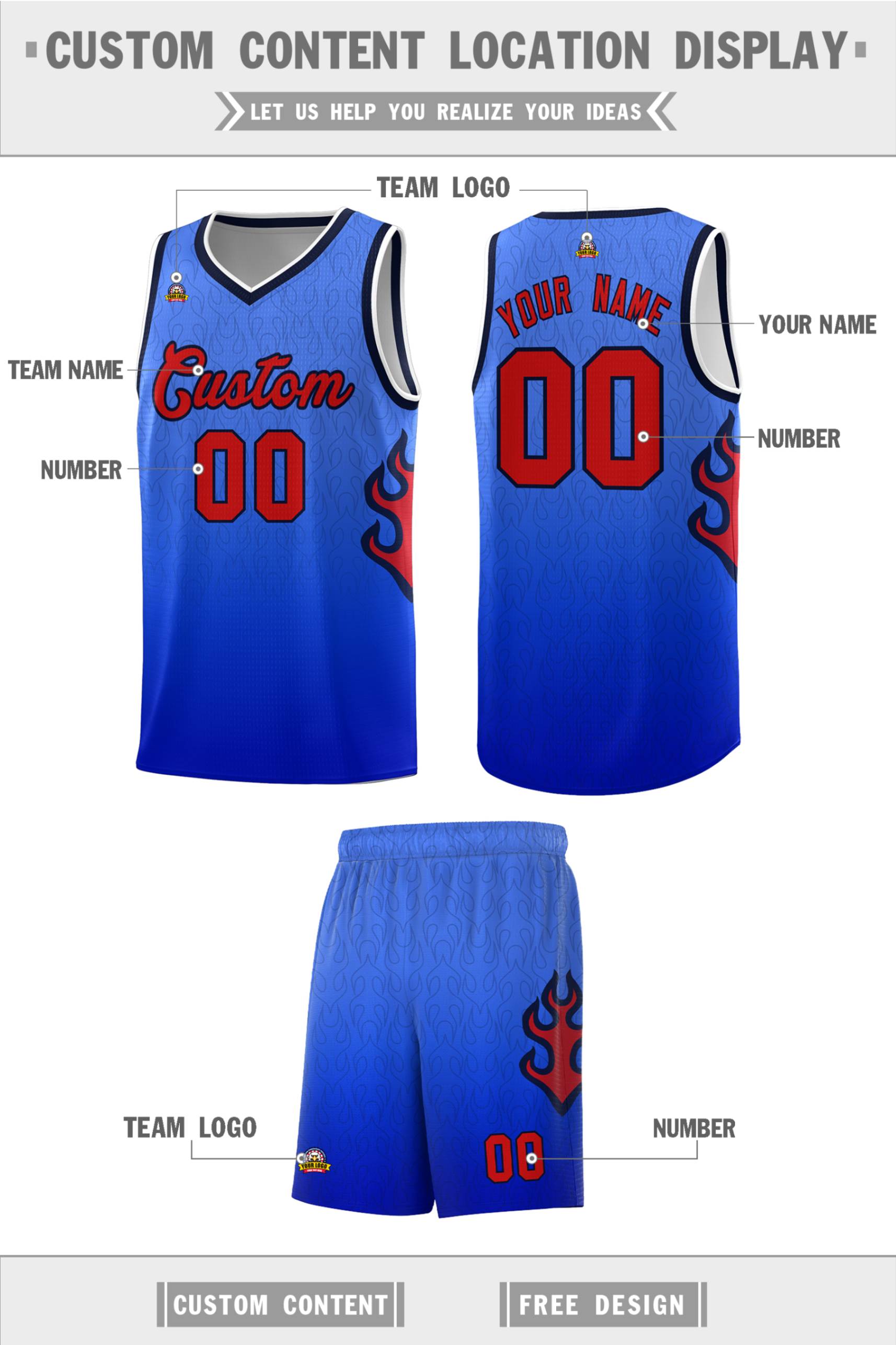 Custom Royal Navy-White Flame Gradient Fashion Sports Uniform Basketball Jersey