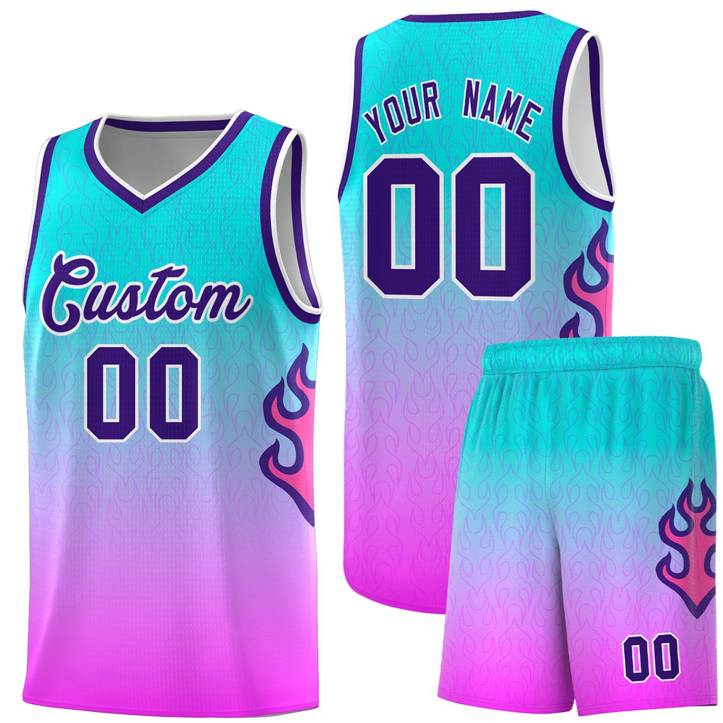 Custom Aqua Pink-Purple Flame Gradient Fashion Sports Uniform Basketball Jersey