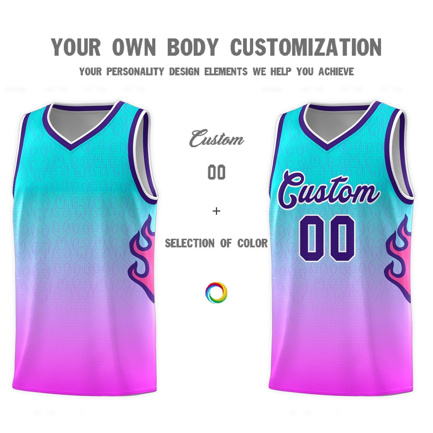 Custom Aqua Pink-Purple Flame Gradient Fashion Sports Uniform Basketball Jersey