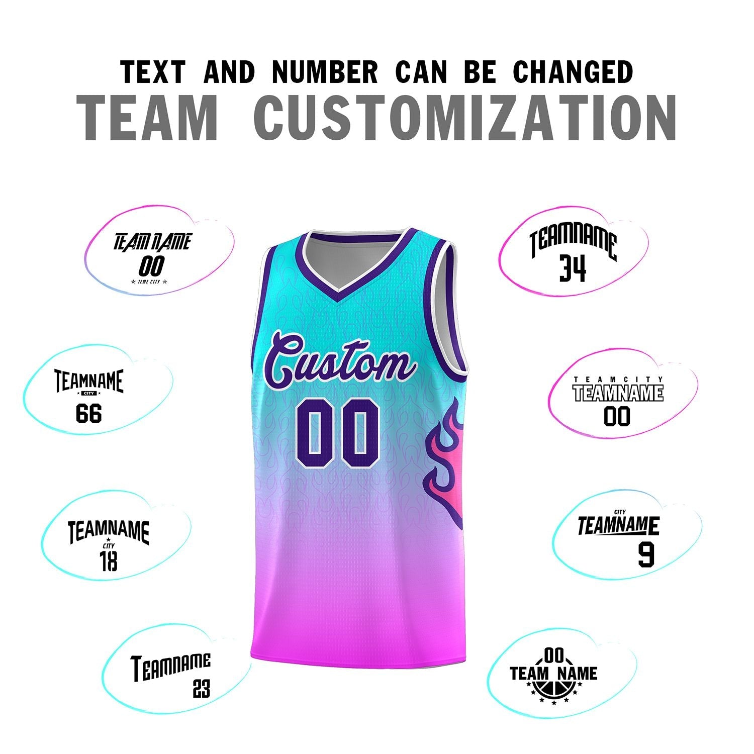 Custom Aqua Pink-Purple Flame Gradient Fashion Sports Uniform Basketball Jersey