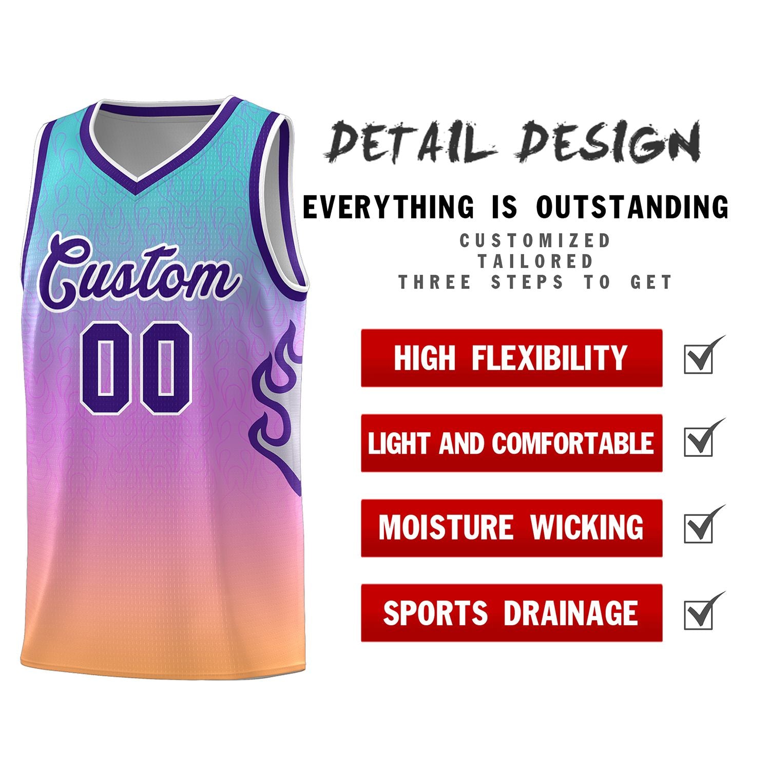 Custom Light Blue Pink-Purple Flame Gradient Fashion Sports Uniform Basketball Jersey