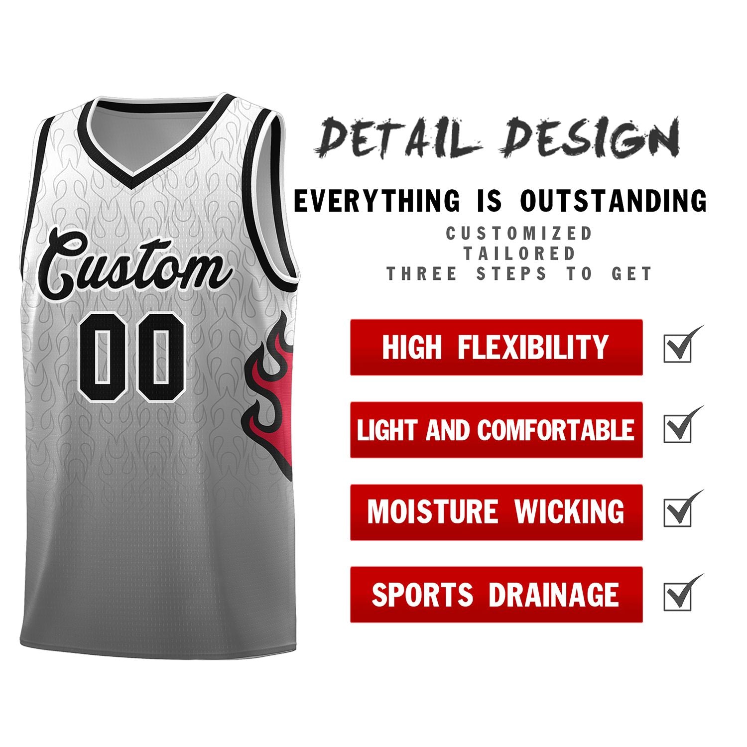 Custom White Dark Gray-Black Flame Gradient Fashion Sports Uniform Basketball Jersey