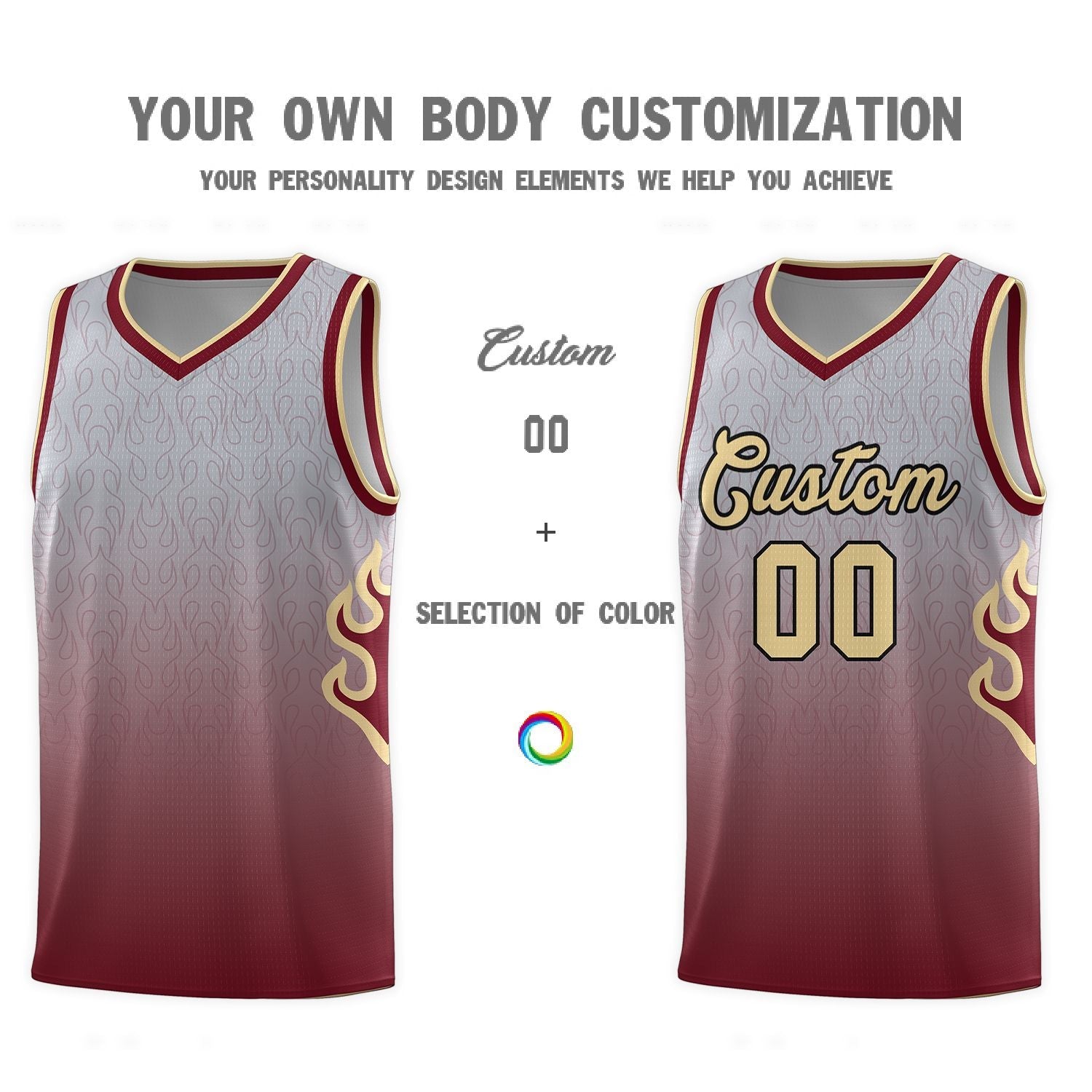 Custom Gray Crimson-Khaki Flame Gradient Fashion Sports Uniform Basketball Jersey