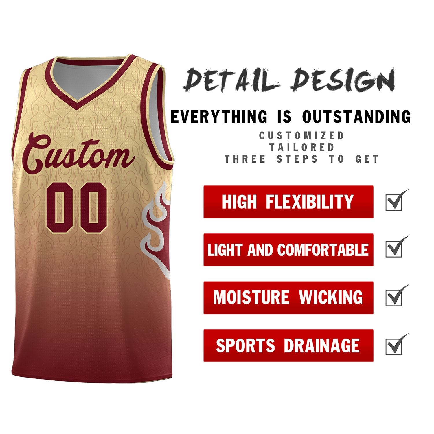 Custom Khaki Crimson-Khaki Flame Gradient Fashion Sports Uniform Basketball Jersey