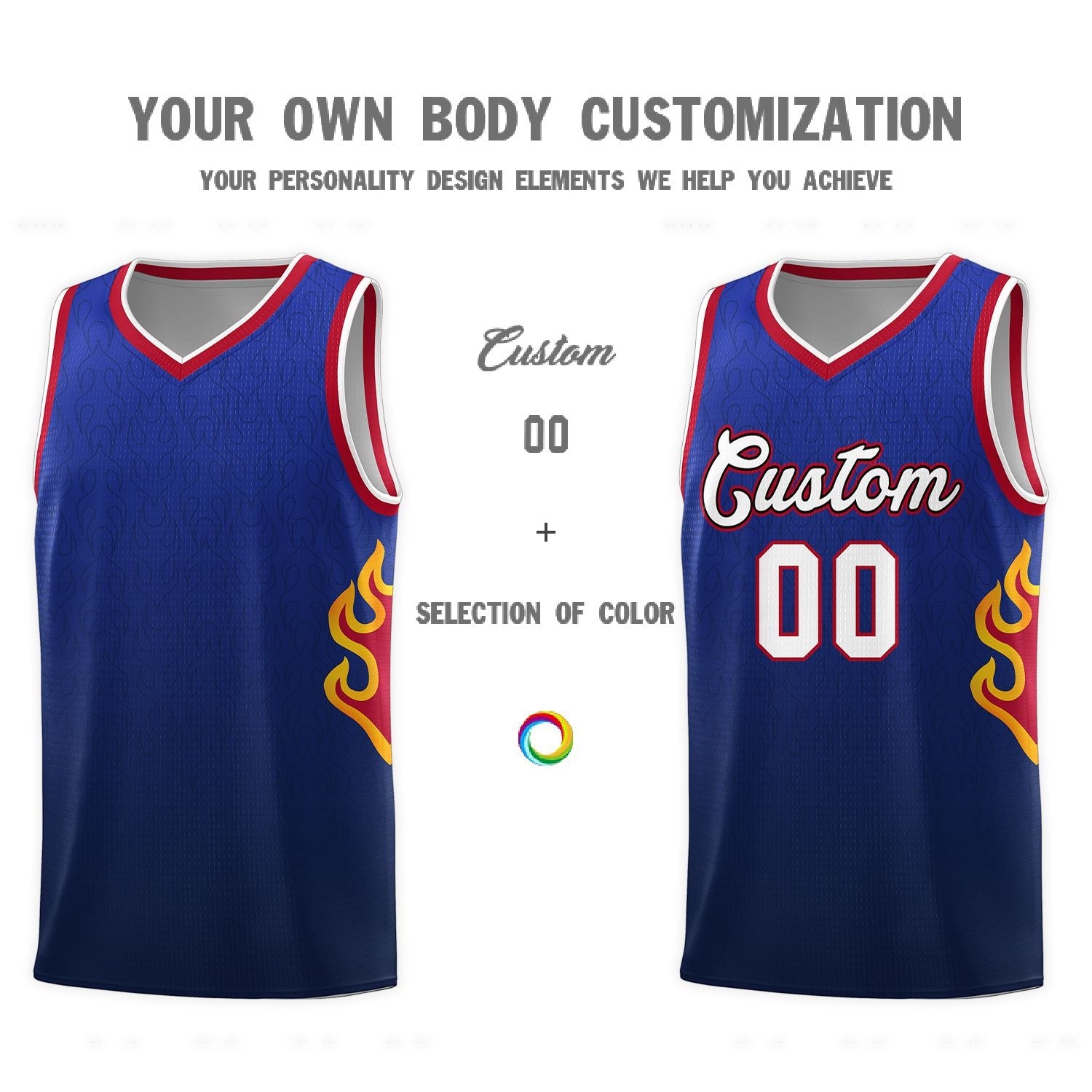 Custom Royal Navy-White Flame Gradient Fashion Sports Uniform Basketball Jersey