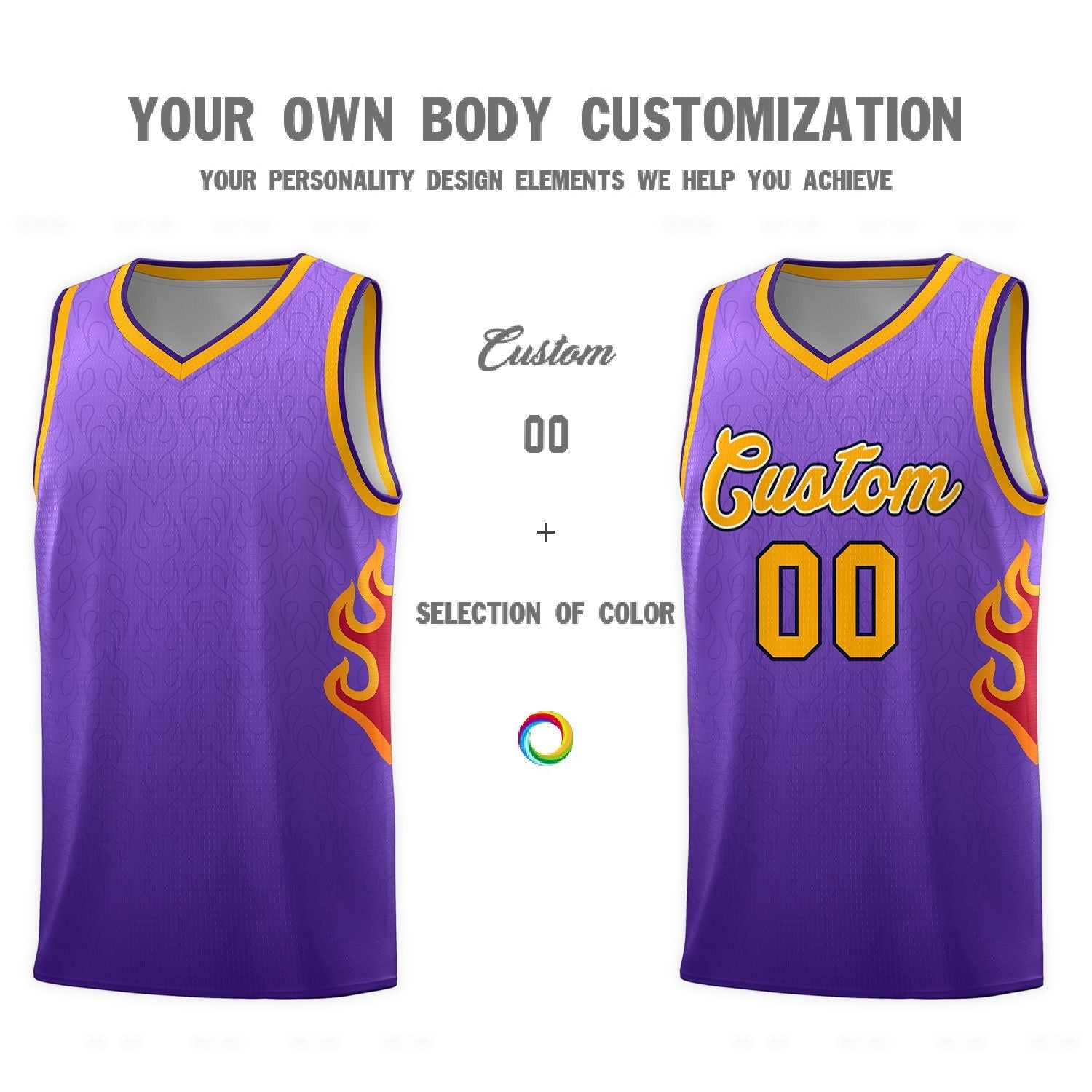 Custom Purple Yellow Flame Gradient Fashion Sports Uniform Basketball Jersey