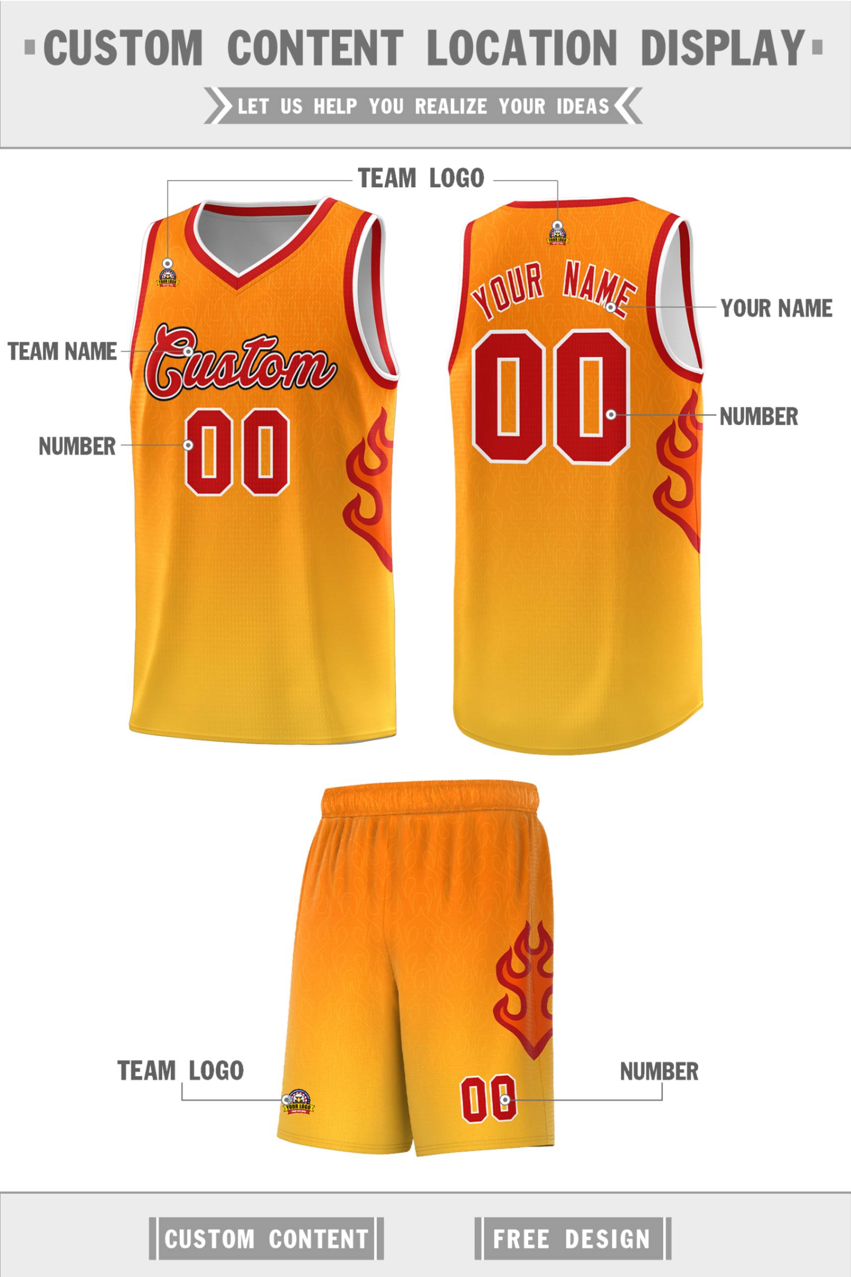 Custom Orange Gold-Red Flame Gradient Fashion Sports Uniform Basketball Jersey