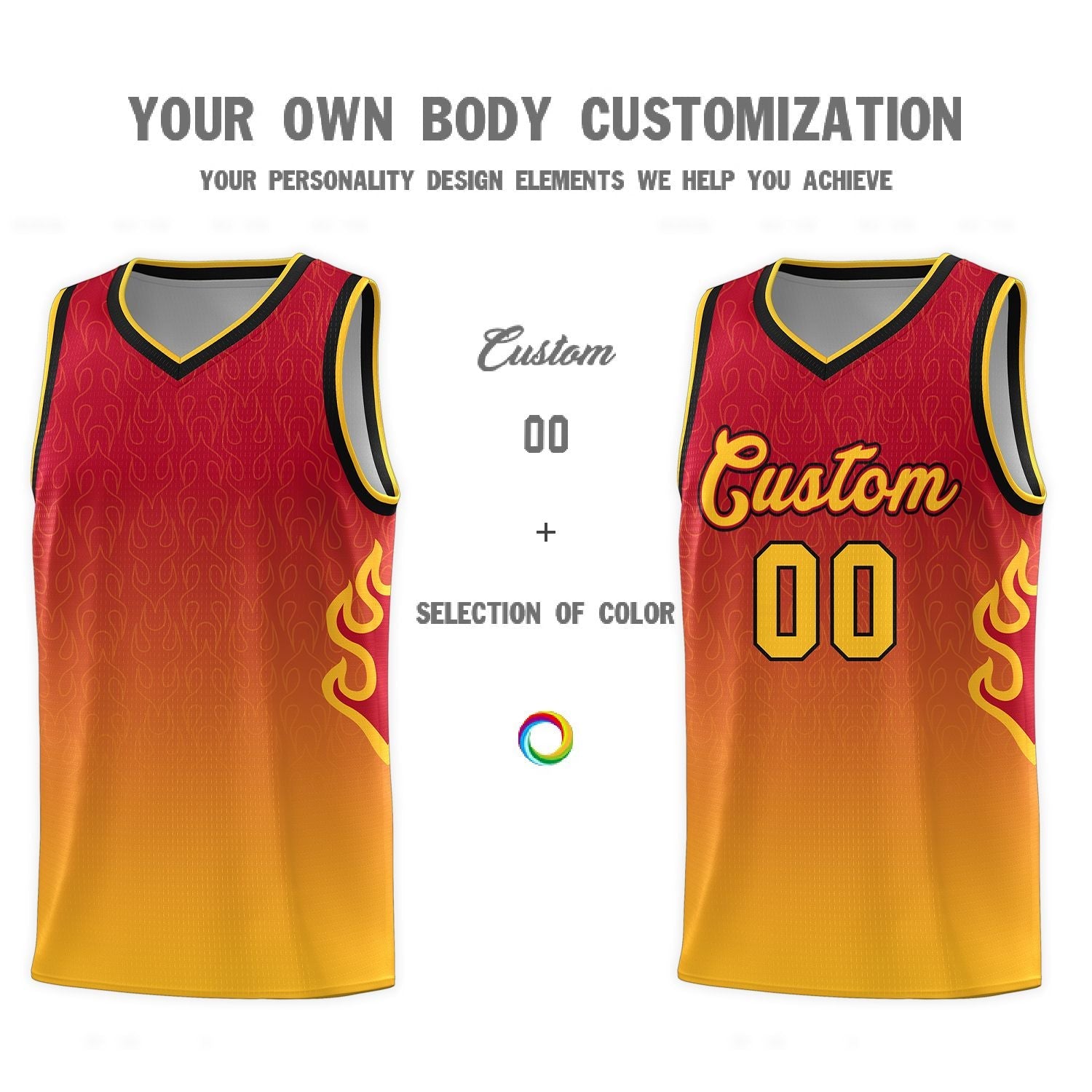 Custom Red Yellow Flame Gradient Fashion Sports Uniform Basketball Jersey