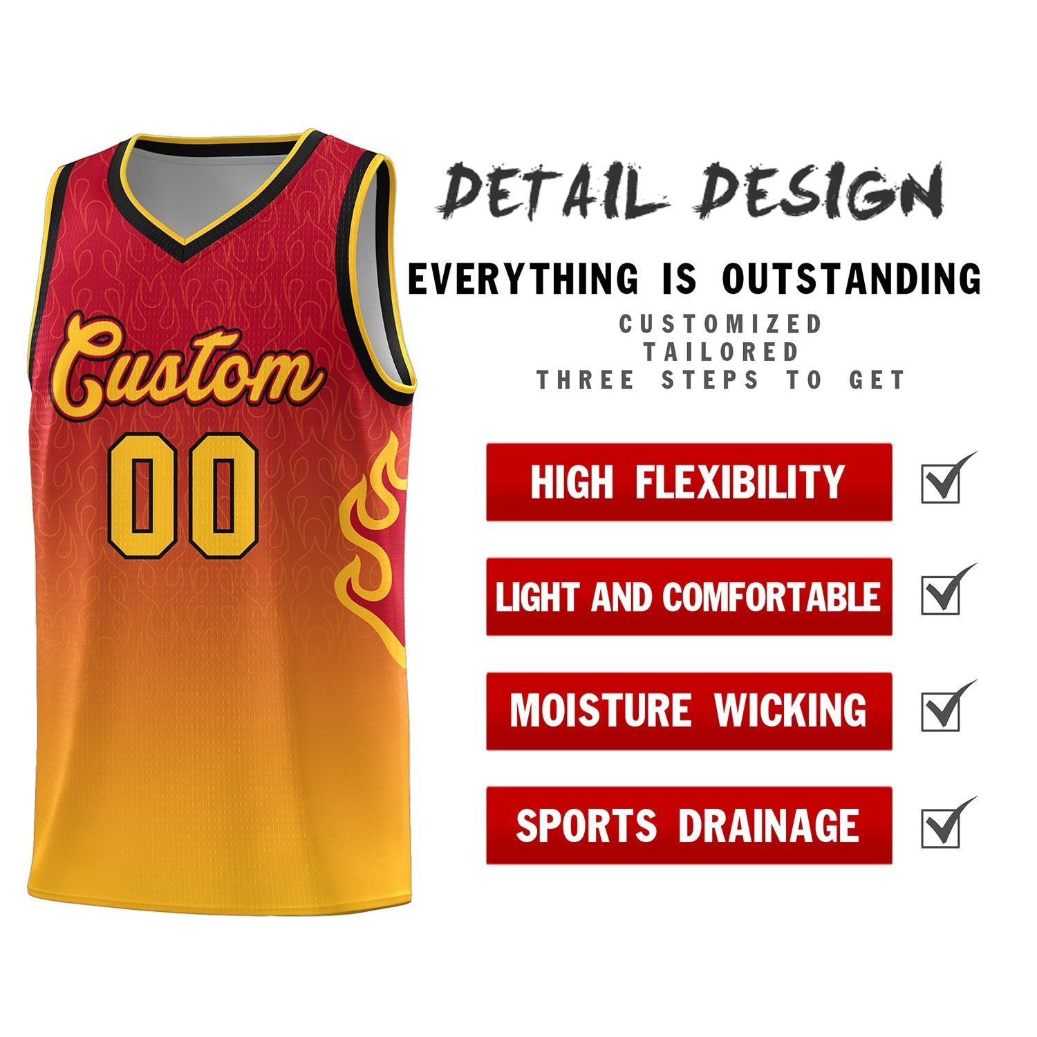 Custom Red Yellow Flame Gradient Fashion Sports Uniform Basketball Jersey