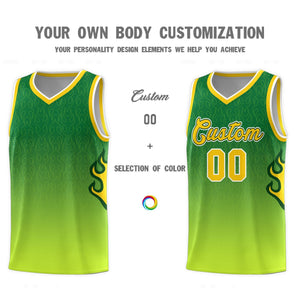 Custom Kelly Green-Neon Green-Gold Flame Gradient Fashion Sports Uniform Basketball Jersey