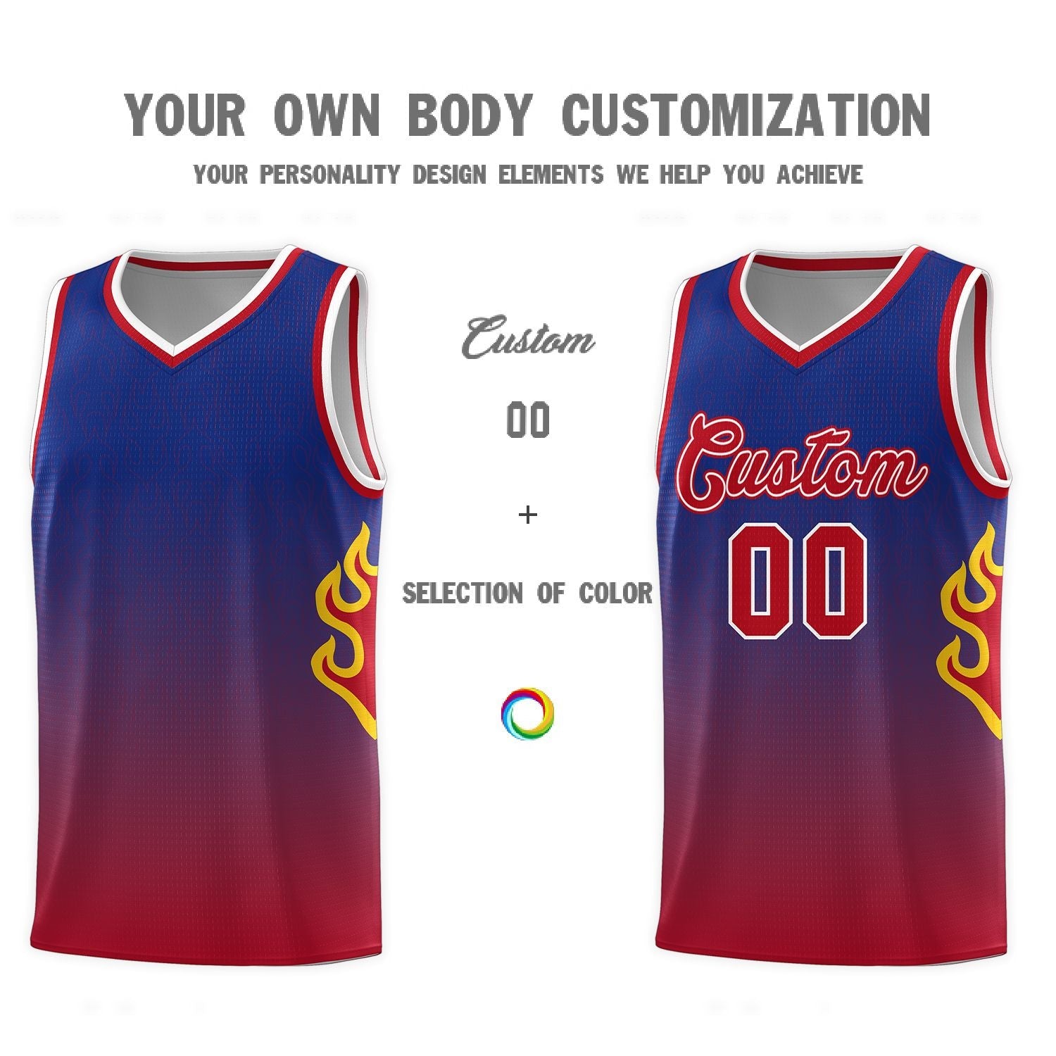 Custom Royal Red-White Flame Gradient Fashion Sports Uniform Basketball Jersey