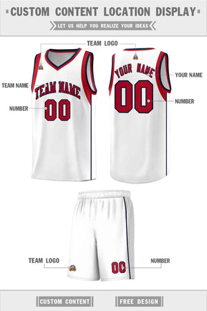 Custom White Red-Navy Sleeve Color Blocking Classic Sports Uniform Basketball Jersey