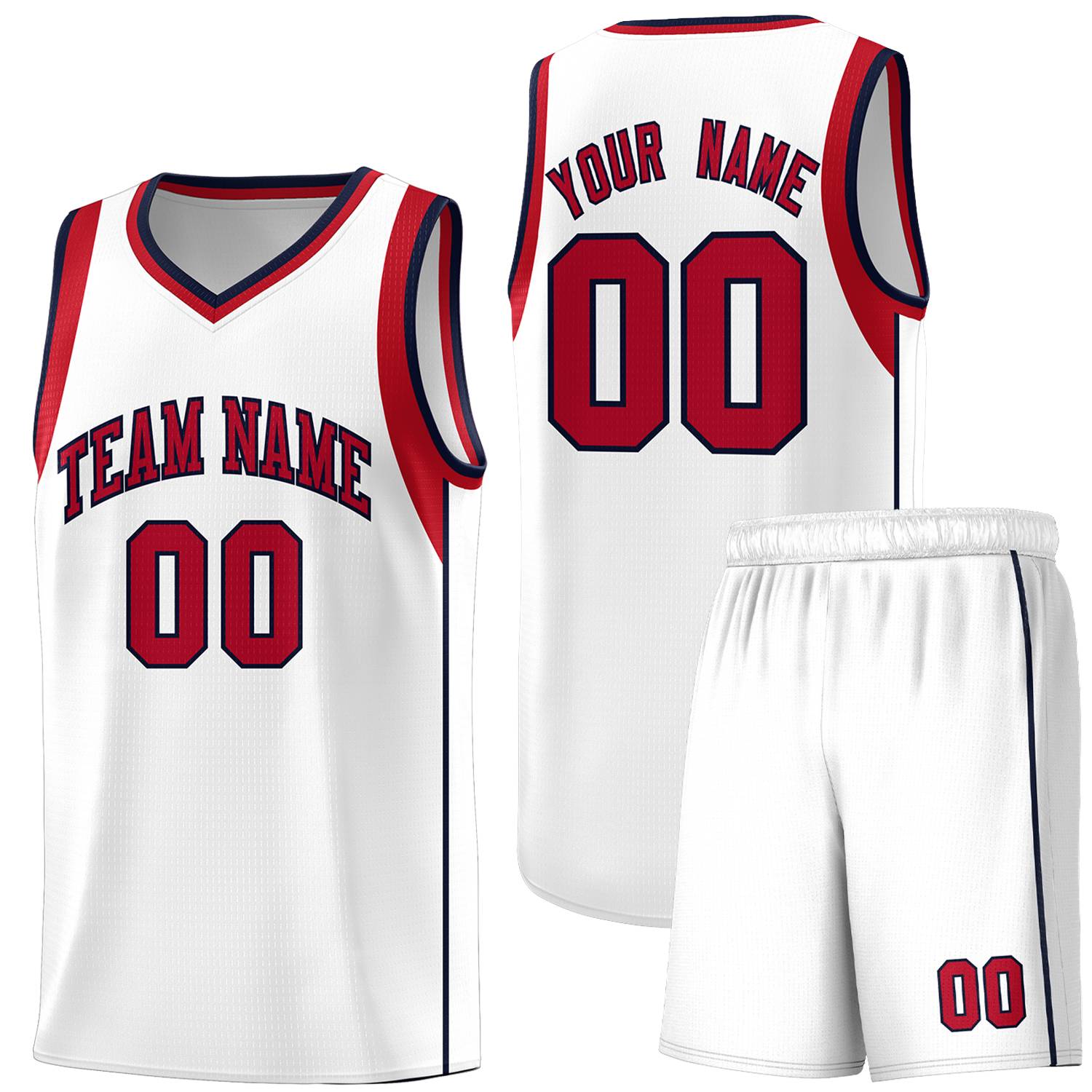 Custom White Red-Navy Sleeve Color Blocking Classic Sports Uniform Basketball Jersey