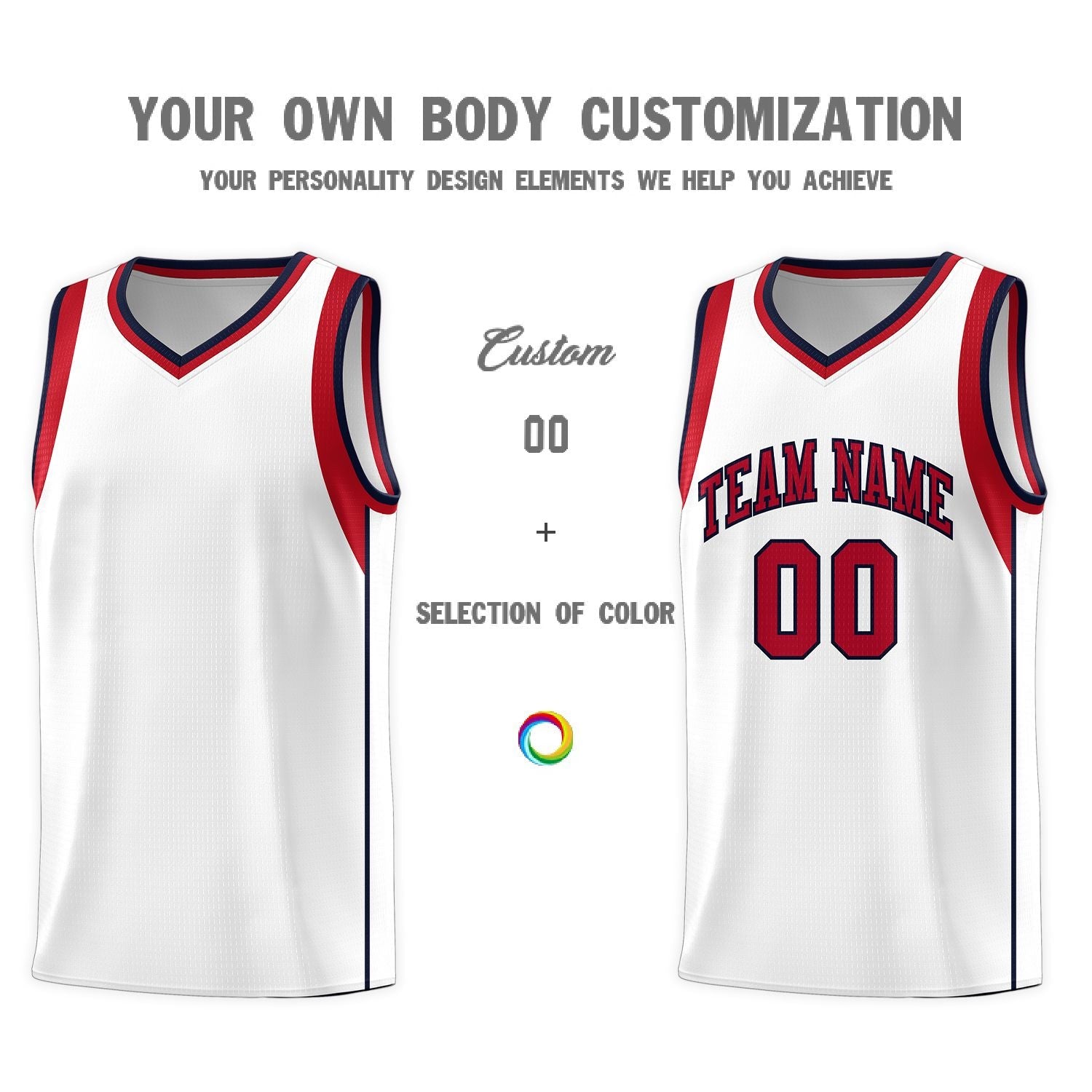 Custom White Red-Navy Sleeve Color Blocking Classic Sports Uniform Basketball Jersey